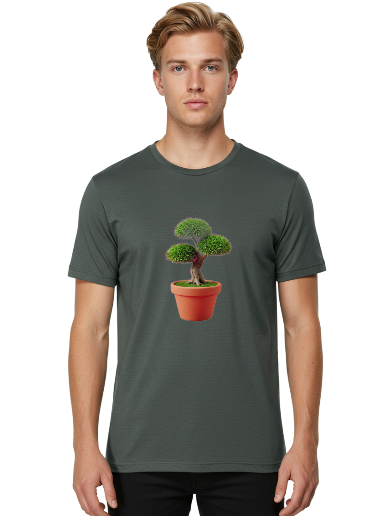 Bonsai-Tree Men'S Graphic Tee, 100% Cotton, Comfortable Casual Summer Wear, Machine Washable, Bonsai Tree, Potted Plant, Small Tree, Terracotta Pot, Twisted Trunk, Lush Foliage, Greenery, Decorative Plant, Indoor Gardening, Zen Garden, Baa180