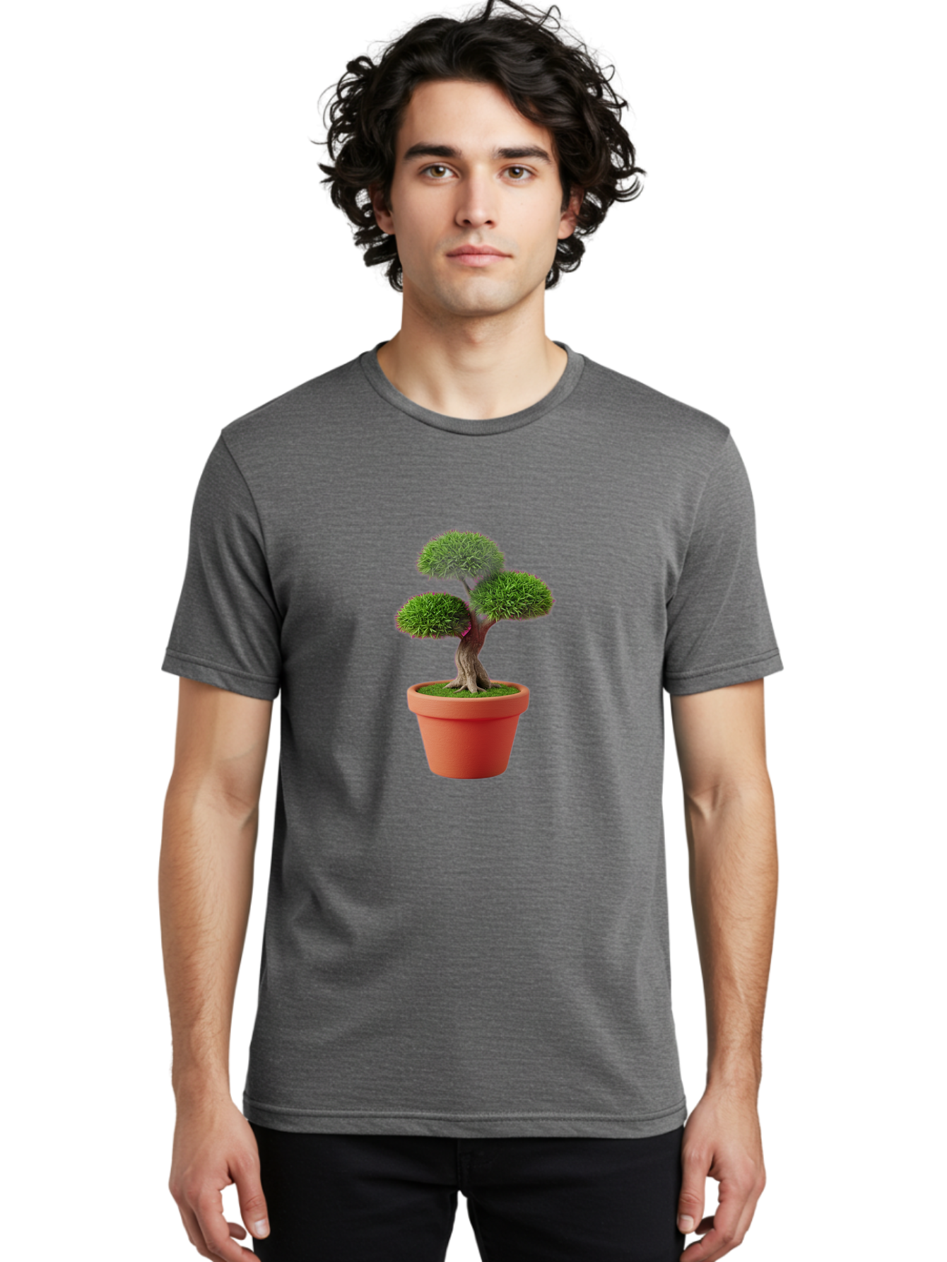 Bonsai-Tree Men'S Graphic Tee, 100% Cotton, Comfortable Casual Summer Wear, Machine Washable, Bonsai Tree, Potted Plant, Small Tree, Terracotta Pot, Twisted Trunk, Lush Foliage, Greenery, Decorative Plant, Indoor Gardening, Zen Garden, Baa180
