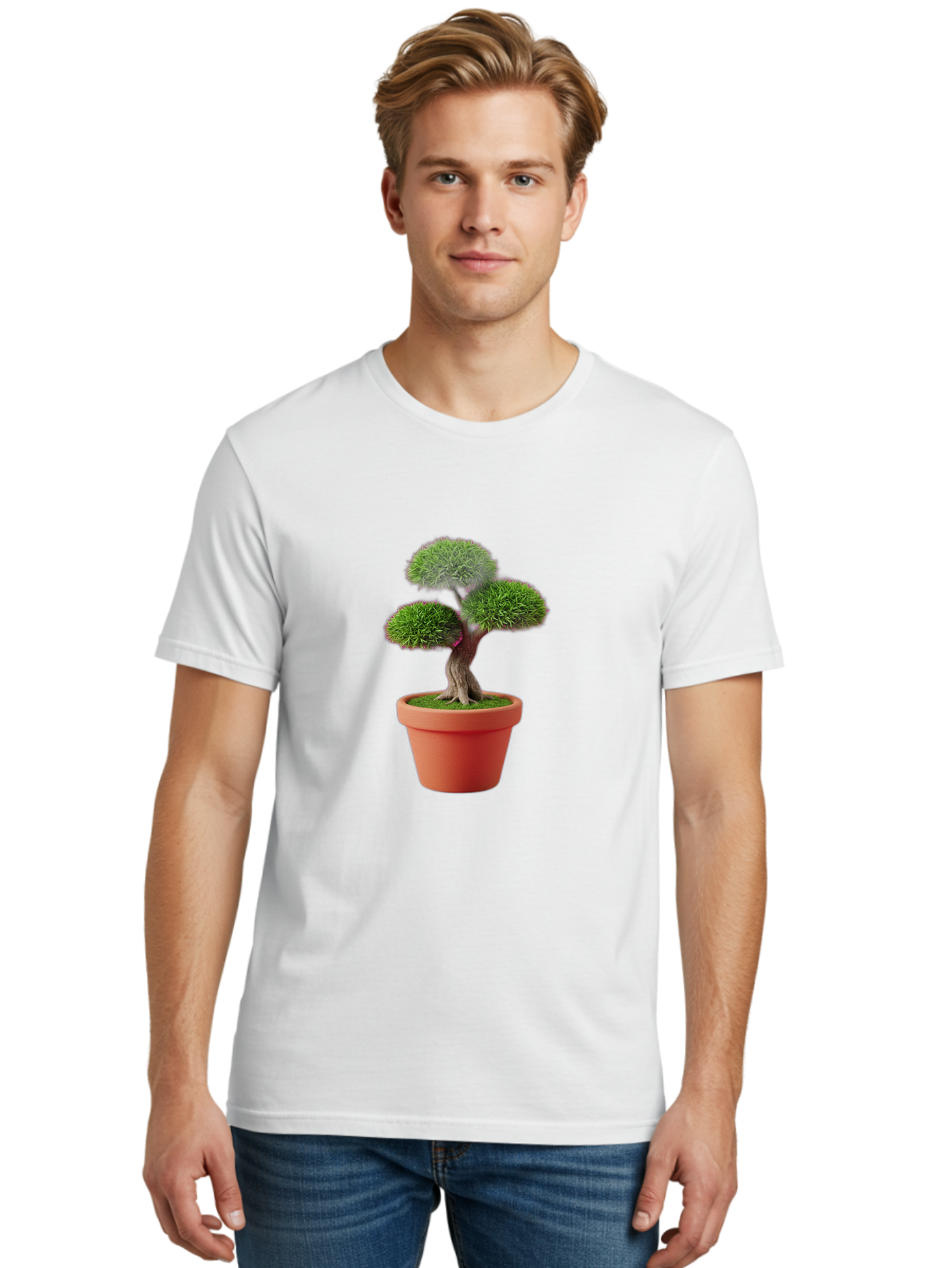 Bonsai-Tree Men'S Graphic Tee, 100% Cotton, Comfortable Casual Summer Wear, Machine Washable, Bonsai Tree, Potted Plant, Small Tree, Terracotta Pot, Twisted Trunk, Lush Foliage, Greenery, Decorative Plant, Indoor Gardening, Zen Garden, Baa180