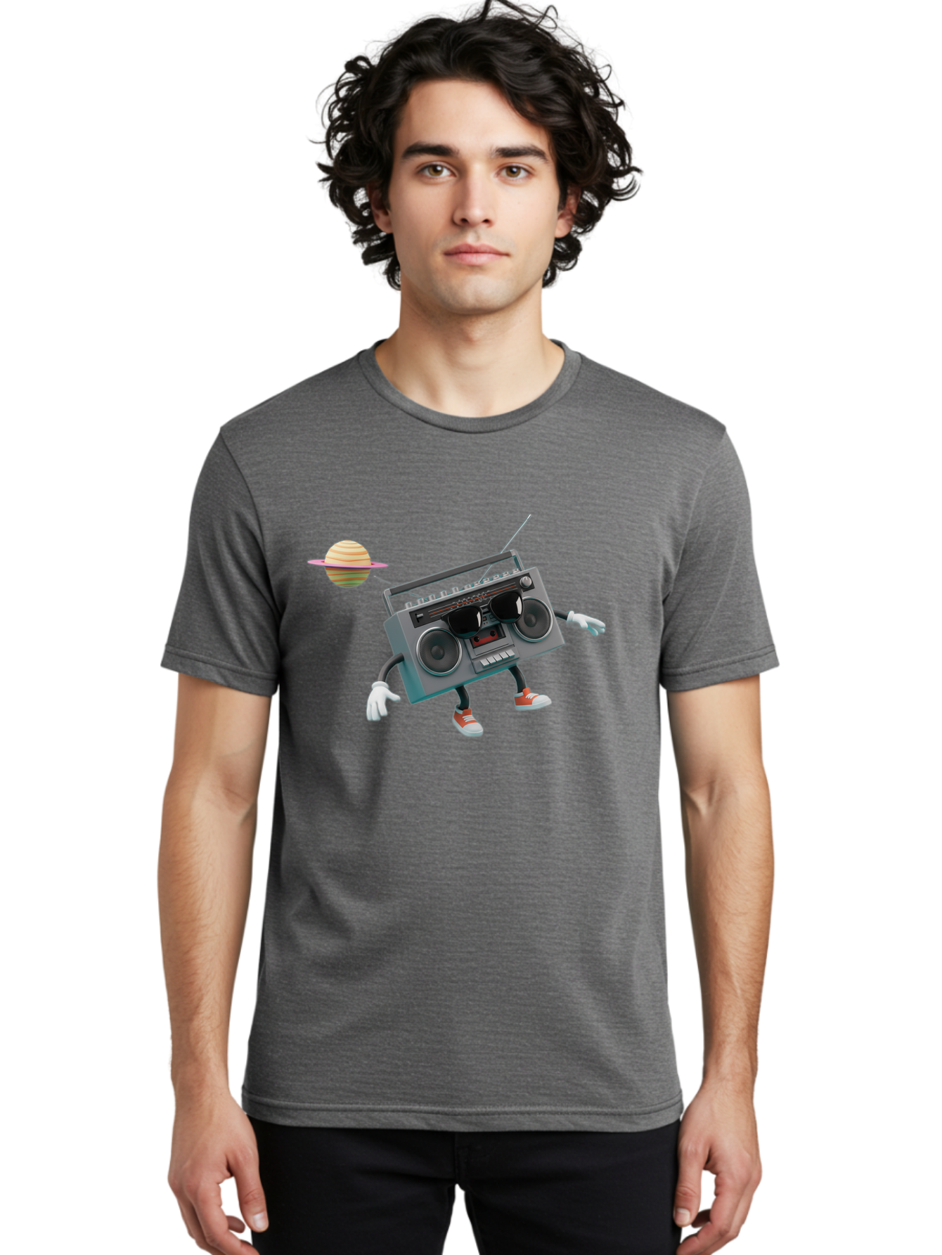 Boombox-5 Men'S Graphic Tee, 100% Cotton, Comfortable Casual Summer Wear, Machine Washable, Retro Boombox, Cartoon Character, Satellite Planet, Orange Sneakers, White Gloves, Gray Device, Cassette Player, Futuristic Accessories, Space Theme, Baa186