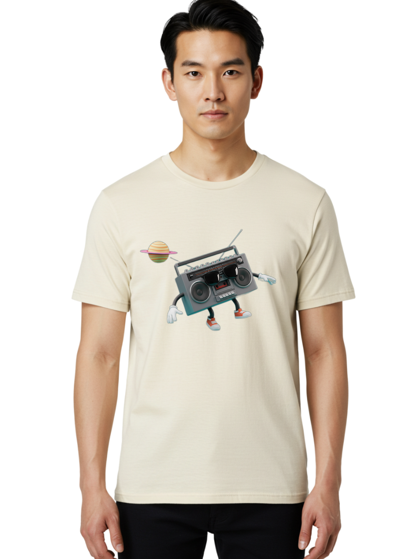 Boombox-5 Men'S Graphic Tee, 100% Cotton, Comfortable Casual Summer Wear, Machine Washable, Retro Boombox, Cartoon Character, Satellite Planet, Orange Sneakers, White Gloves, Gray Device, Cassette Player, Futuristic Accessories, Space Theme, Baa186