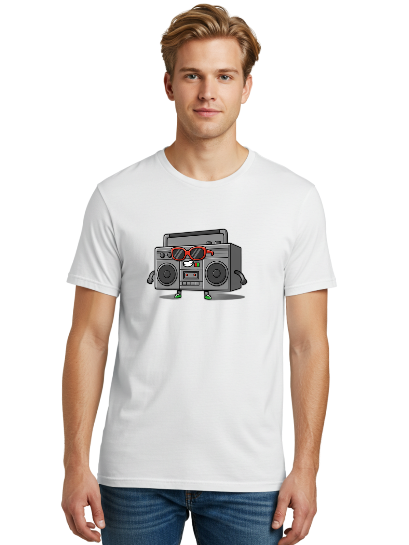 Boombox-6 Men'S Graphic Tee, 100% Cotton, Comfortable Casual Summer Wear, Machine Washable, Cartoon Boombox, Sunglasses, Retro Style, Music Lover, Fun Character, Cassette Player, Animated Electronics, Nostalgic Vibe, Playful Design, Baa187