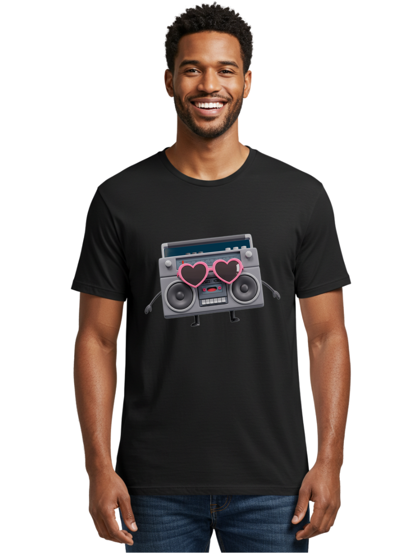 Boombox-Character-1 Men'S Graphic Tee, 100% Cotton, Comfortable Casual Summer Wear, Machine Washable, Cartoon Boombox, Retro Audio Equipment, Heart-Shaped Sunglasses, Funky Character Design, Anthropomorphic Boombox, Nostalgic Music Player, Baa188