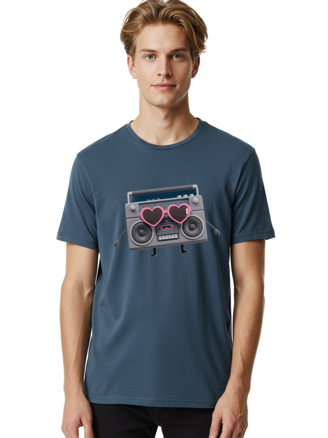 Boombox-Character-1 Men'S Graphic Tee, 100% Cotton, Comfortable Casual Summer Wear, Machine Washable, Cartoon Boombox, Retro Audio Equipment, Heart-Shaped Sunglasses, Funky Character Design, Anthropomorphic Boombox, Nostalgic Music Player, Baa188