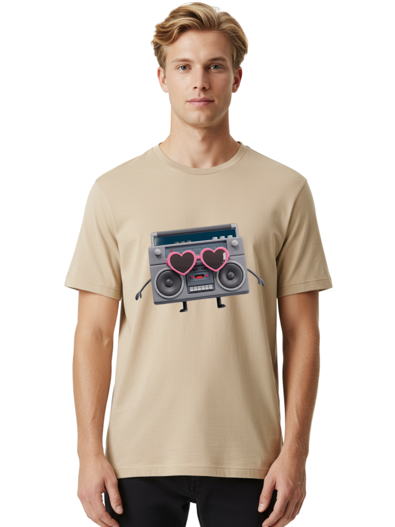 Boombox-Character-1 Men'S Graphic Tee, 100% Cotton, Comfortable Casual Summer Wear, Machine Washable, Cartoon Boombox, Retro Audio Equipment, Heart-Shaped Sunglasses, Funky Character Design, Anthropomorphic Boombox, Nostalgic Music Player, Baa188