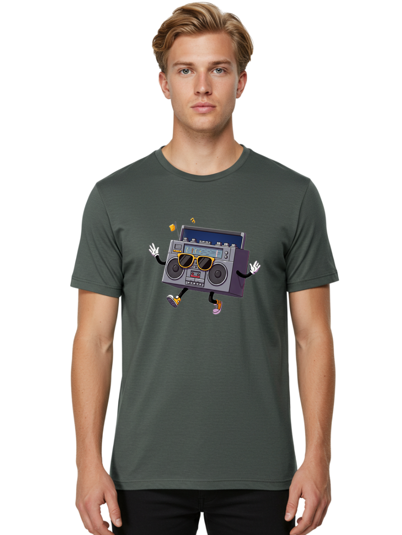 Boombox-Character-2 Men'S Graphic Tee, 100% Cotton, Comfortable Casual Summer Wear, Machine Washable, Vintage Boombox, Retro Style, Cool Shades, Funky Attitude, Dj Vibes, Music Beats, Cassette Player, Nostalgic Feel, Fun Graphics, Baa189