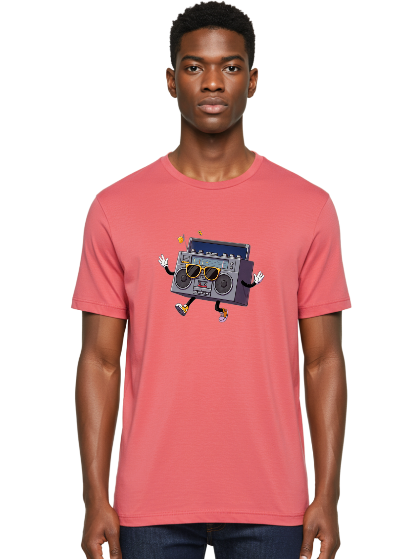 Boombox-Character-2 Men'S Graphic Tee, 100% Cotton, Comfortable Casual Summer Wear, Machine Washable, Vintage Boombox, Retro Style, Cool Shades, Funky Attitude, Dj Vibes, Music Beats, Cassette Player, Nostalgic Feel, Fun Graphics, Baa189