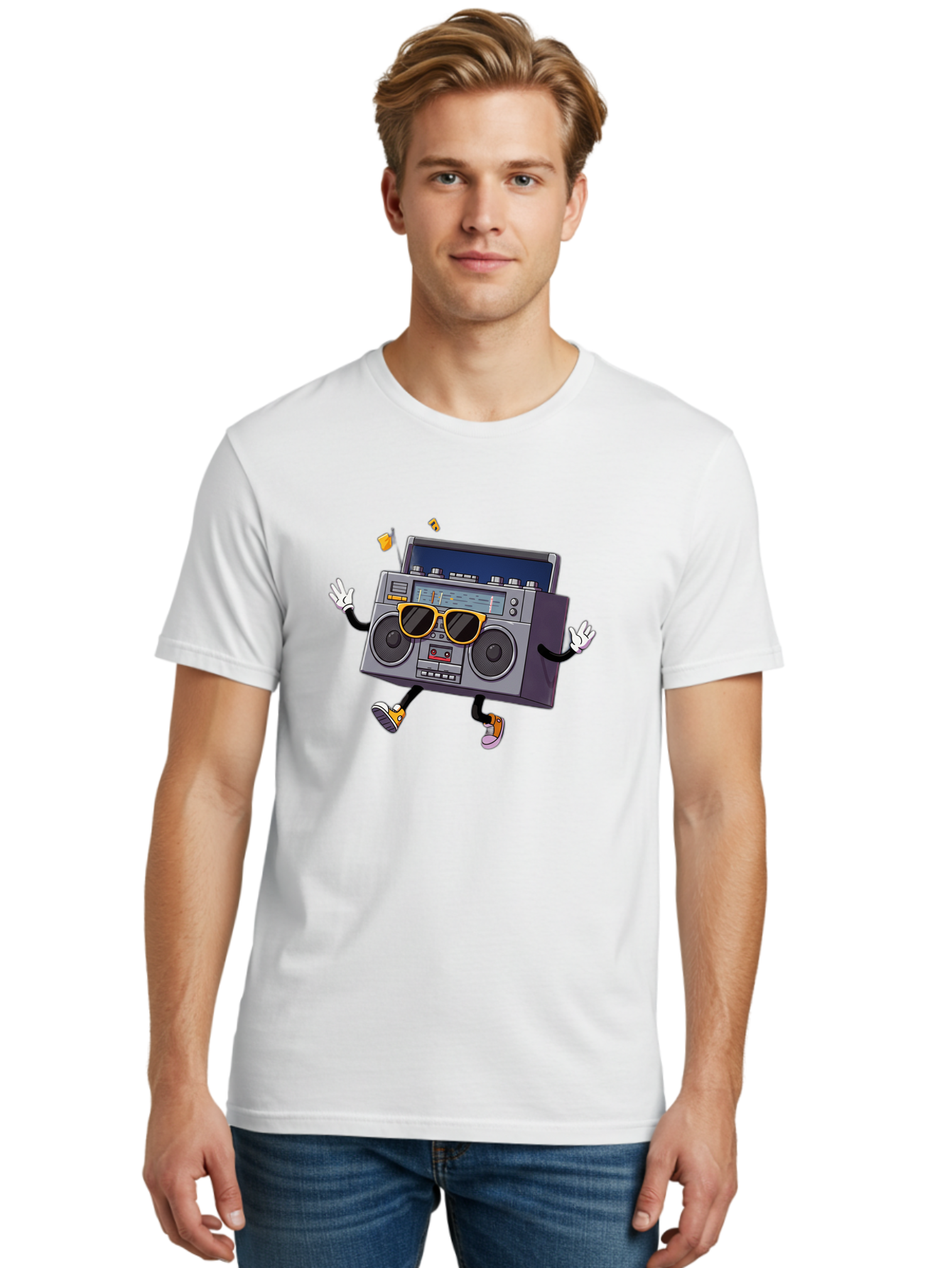 Boombox-Character-2 Men'S Graphic Tee, 100% Cotton, Comfortable Casual Summer Wear, Machine Washable, Vintage Boombox, Retro Style, Cool Shades, Funky Attitude, Dj Vibes, Music Beats, Cassette Player, Nostalgic Feel, Fun Graphics, Baa189