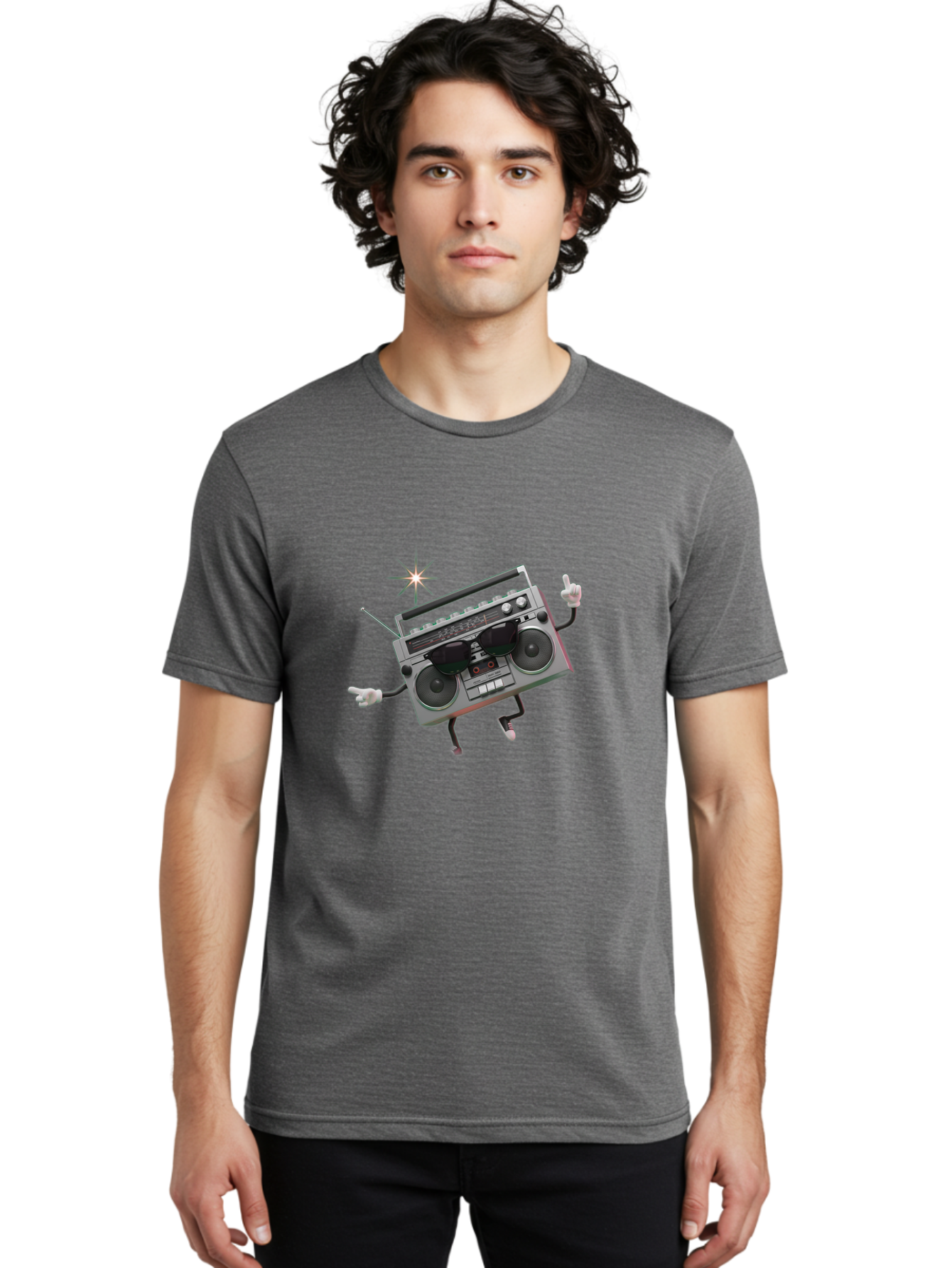 Boombox-Character-3 Men'S Graphic Tee, 100% Cotton, Comfortable Casual Summer Wear, Machine Washable, Cartoon Boombox, Retro Technology, Vintage Music, Nostalgic Vibes, Funky Character, Thumbs Up, Starburst Effect, Playful Design, Baa190