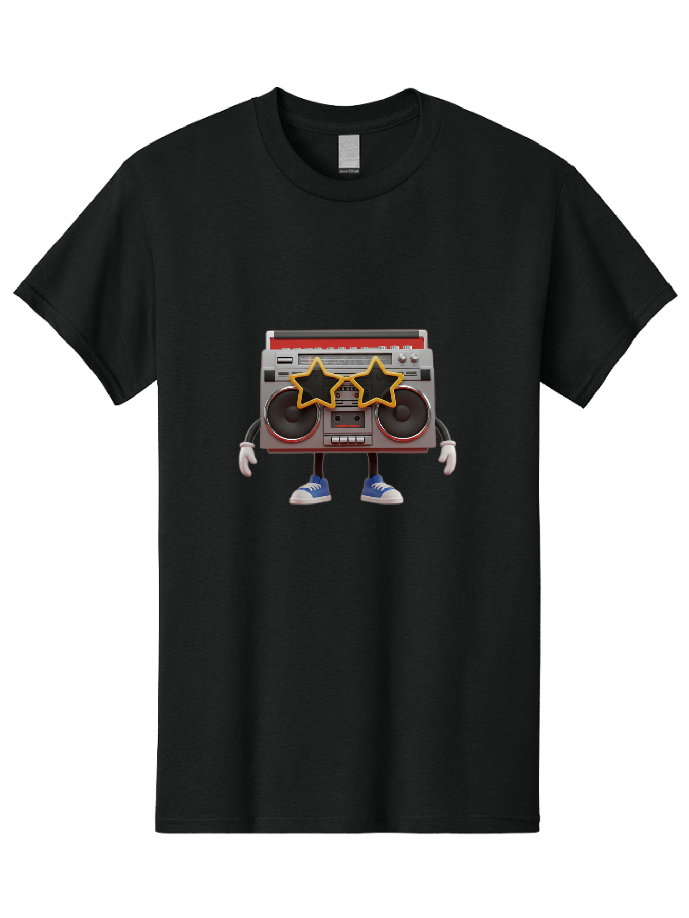 Boombox-Character Men'S Graphic Tee, 100% Cotton, Comfortable Casual Summer Wear, Machine Washable, Cartoon Boombox, Anthropomorphic Design, Retro Music Player, Black Stars, Blue Sneakers, White Gloves, Nostalgic Vibe, Funky Character, Baa191