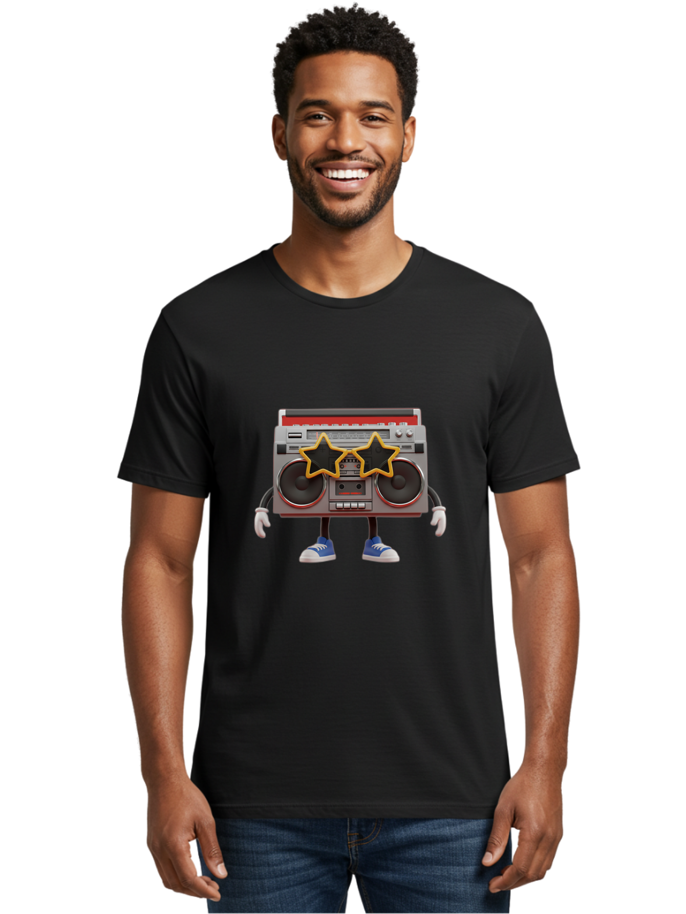 Boombox-Character Men'S Graphic Tee, 100% Cotton, Comfortable Casual Summer Wear, Machine Washable, Cartoon Boombox, Anthropomorphic Design, Retro Music Player, Black Stars, Blue Sneakers, White Gloves, Nostalgic Vibe, Funky Character, Baa191