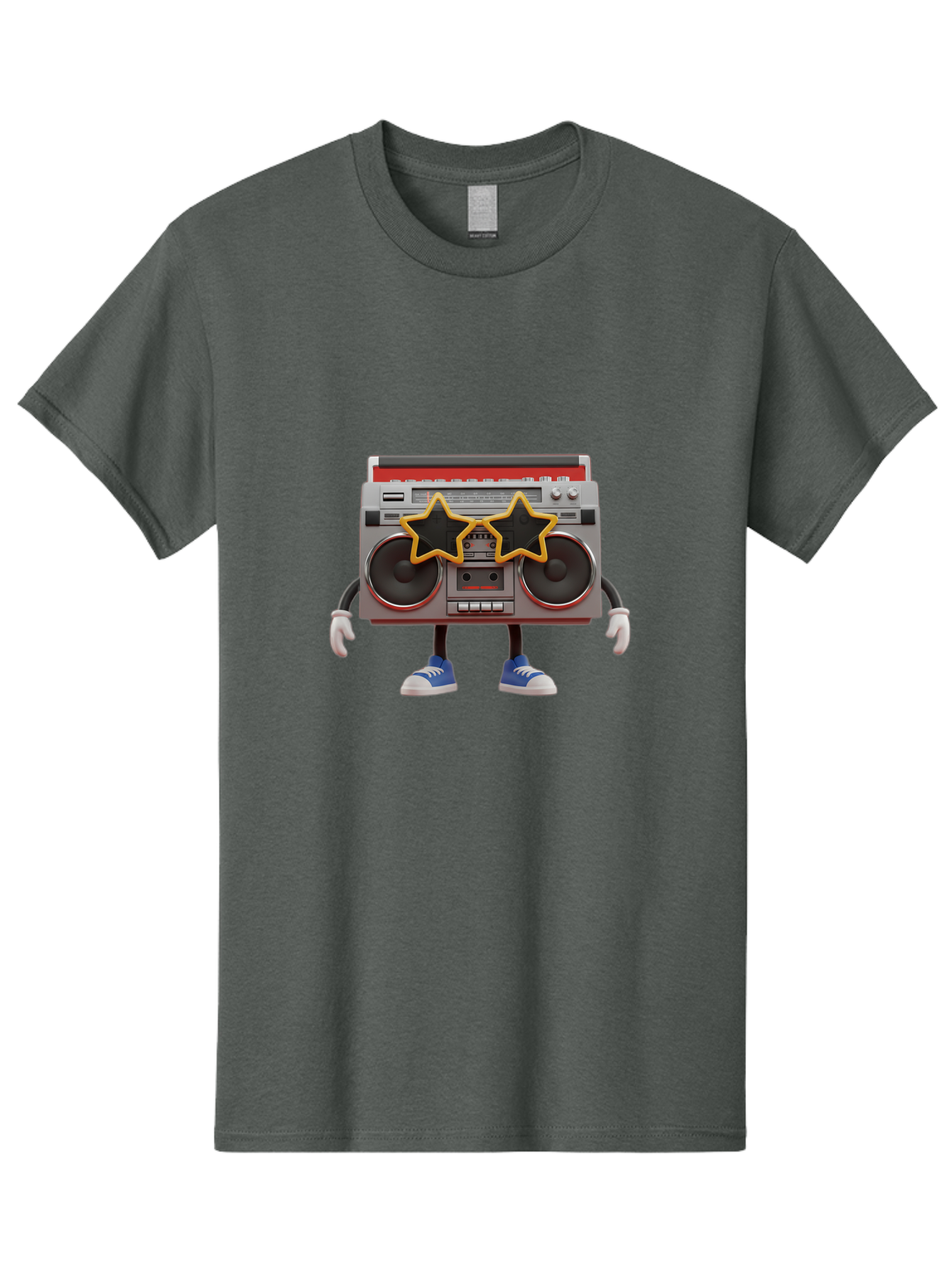 Boombox-Character Men'S Graphic Tee, 100% Cotton, Comfortable Casual Summer Wear, Machine Washable, Cartoon Boombox, Anthropomorphic Design, Retro Music Player, Black Stars, Blue Sneakers, White Gloves, Nostalgic Vibe, Funky Character, Baa191