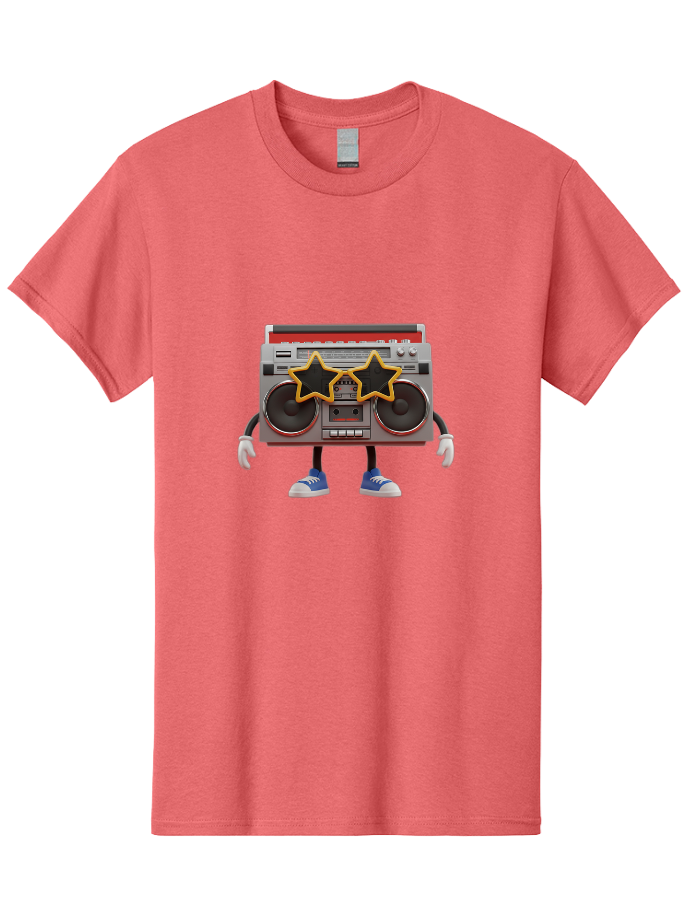 Boombox-Character Men'S Graphic Tee, 100% Cotton, Comfortable Casual Summer Wear, Machine Washable, Cartoon Boombox, Anthropomorphic Design, Retro Music Player, Black Stars, Blue Sneakers, White Gloves, Nostalgic Vibe, Funky Character, Baa191