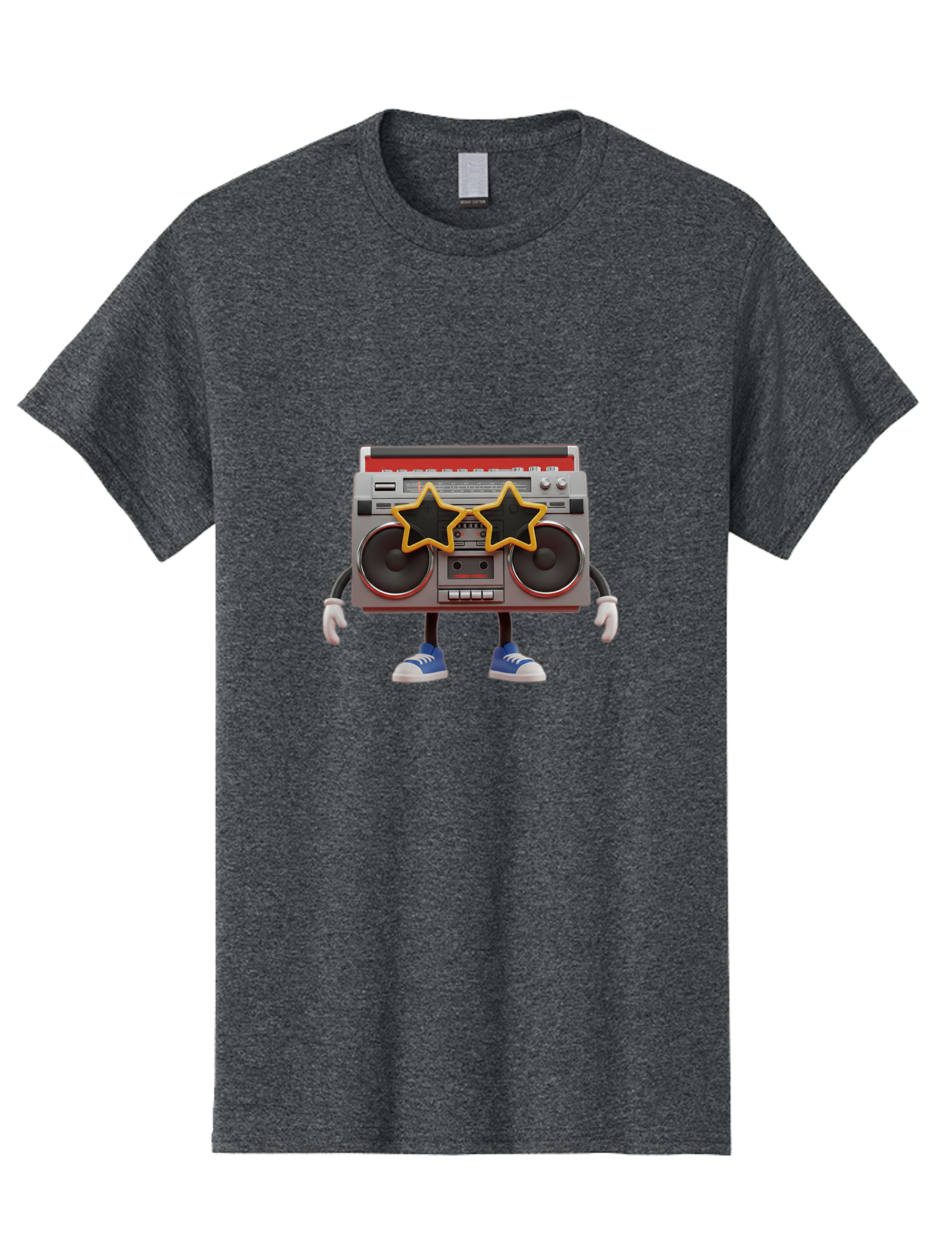 Boombox-Character Men'S Graphic Tee, 100% Cotton, Comfortable Casual Summer Wear, Machine Washable, Cartoon Boombox, Anthropomorphic Design, Retro Music Player, Black Stars, Blue Sneakers, White Gloves, Nostalgic Vibe, Funky Character, Baa191