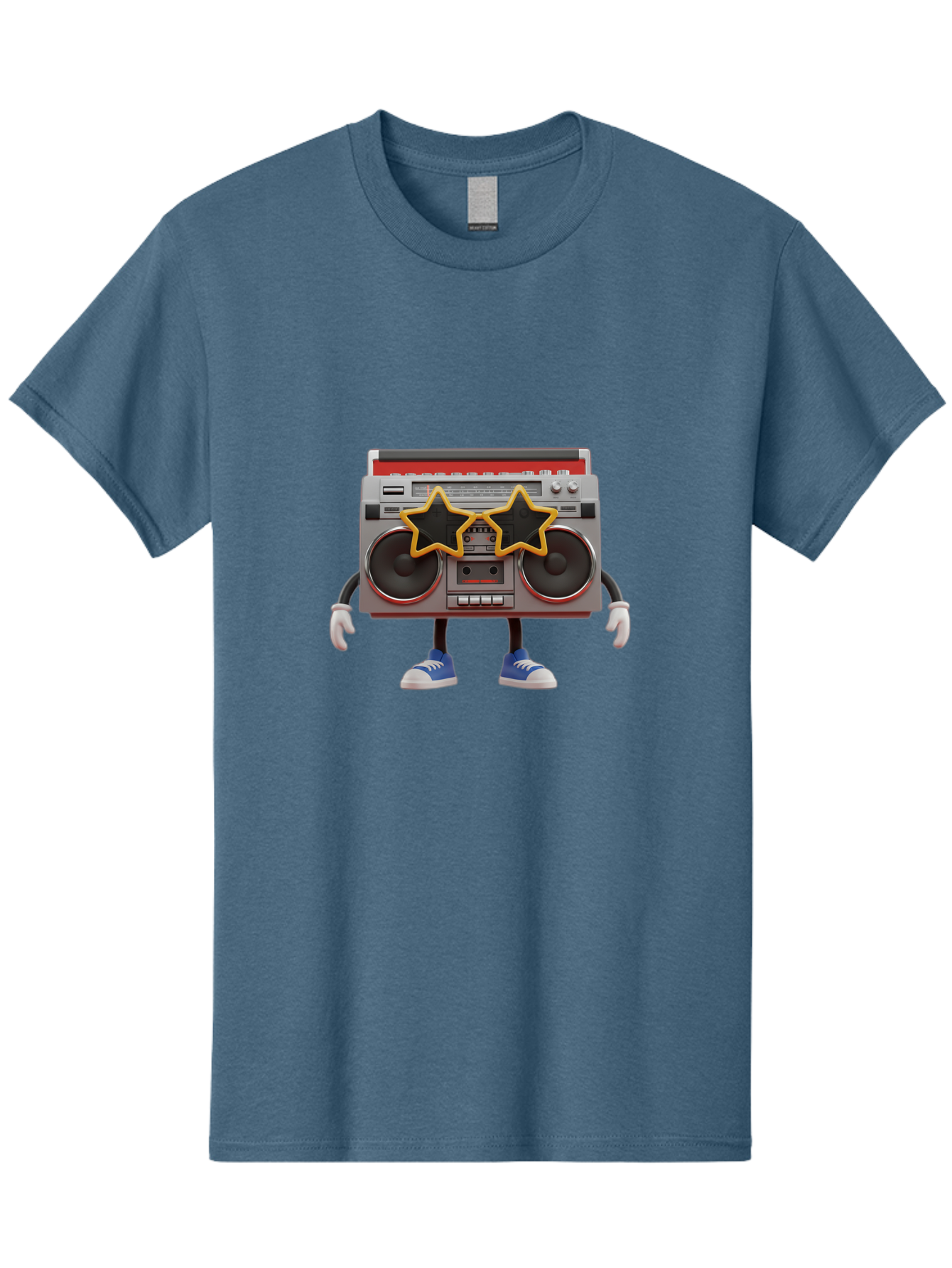 Boombox-Character Men'S Graphic Tee, 100% Cotton, Comfortable Casual Summer Wear, Machine Washable, Cartoon Boombox, Anthropomorphic Design, Retro Music Player, Black Stars, Blue Sneakers, White Gloves, Nostalgic Vibe, Funky Character, Baa191