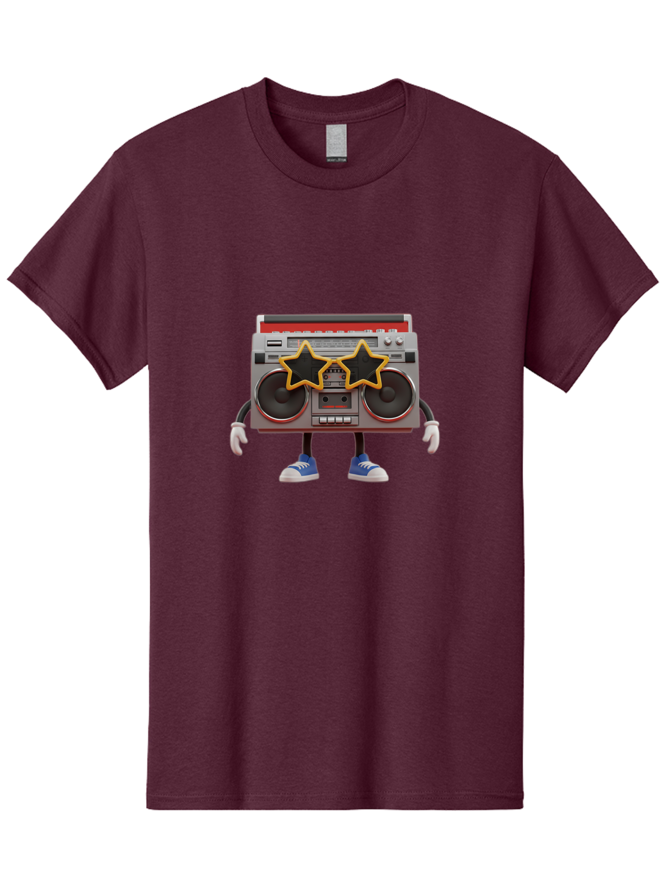 Boombox-Character Men'S Graphic Tee, 100% Cotton, Comfortable Casual Summer Wear, Machine Washable, Cartoon Boombox, Anthropomorphic Design, Retro Music Player, Black Stars, Blue Sneakers, White Gloves, Nostalgic Vibe, Funky Character, Baa191
