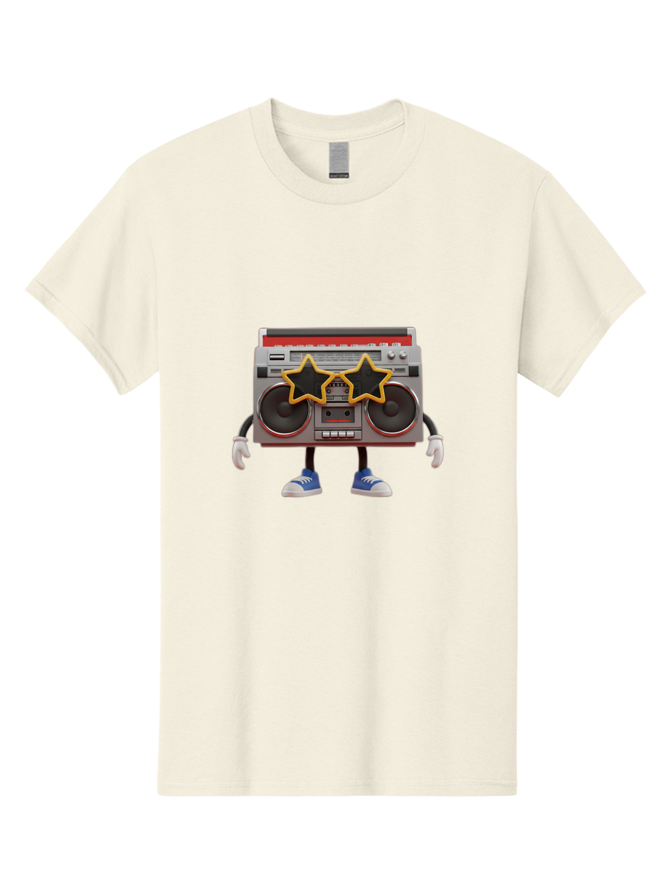 Boombox-Character Men'S Graphic Tee, 100% Cotton, Comfortable Casual Summer Wear, Machine Washable, Cartoon Boombox, Anthropomorphic Design, Retro Music Player, Black Stars, Blue Sneakers, White Gloves, Nostalgic Vibe, Funky Character, Baa191