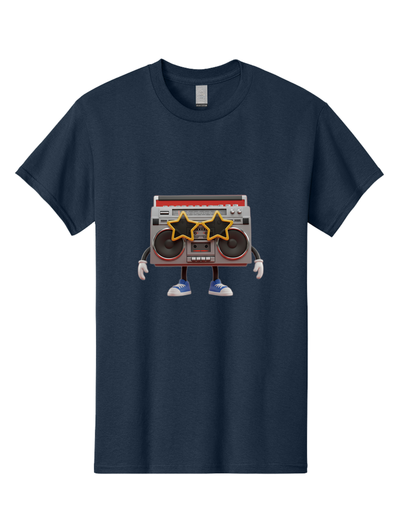 Boombox-Character Men'S Graphic Tee, 100% Cotton, Comfortable Casual Summer Wear, Machine Washable, Cartoon Boombox, Anthropomorphic Design, Retro Music Player, Black Stars, Blue Sneakers, White Gloves, Nostalgic Vibe, Funky Character, Baa191