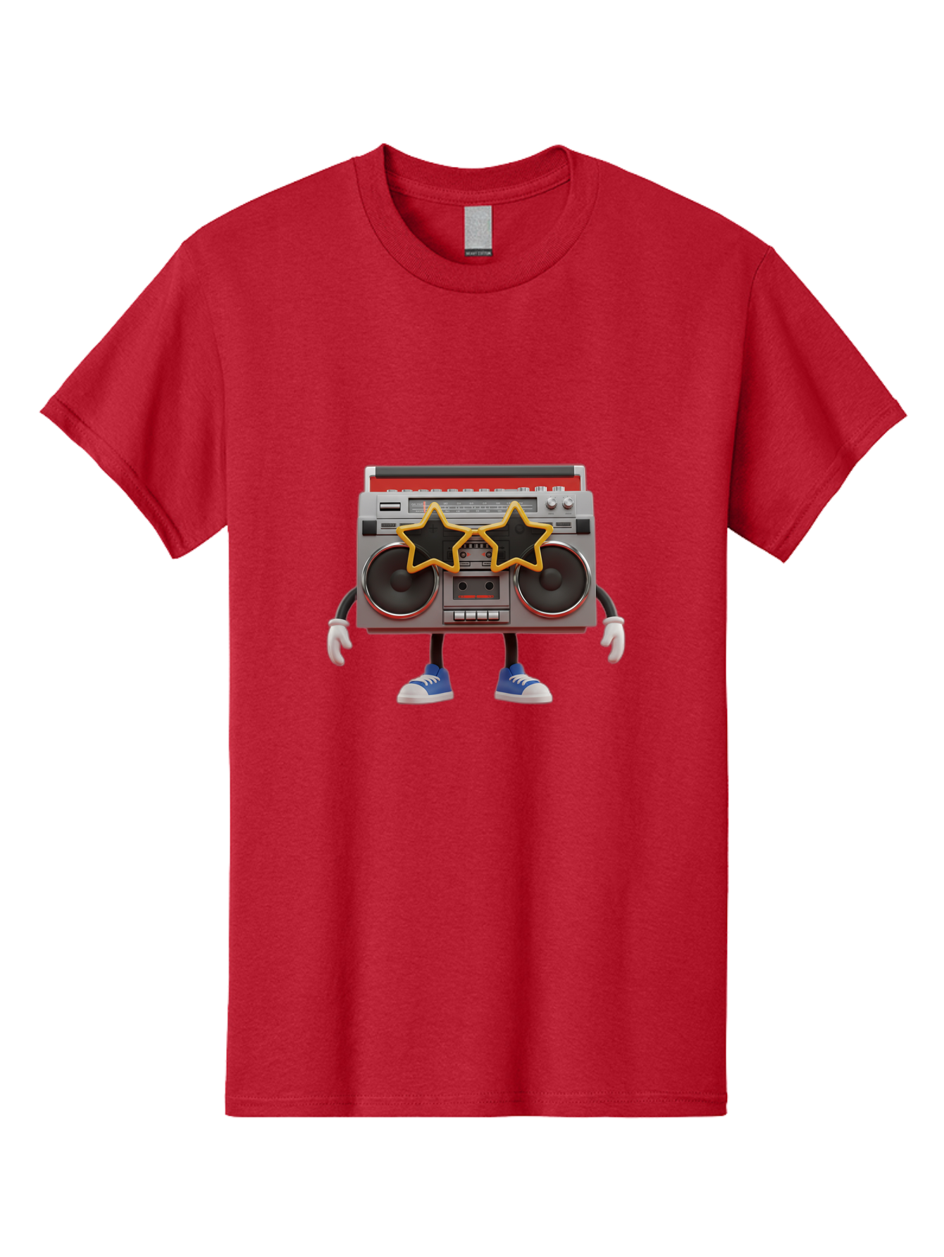 Boombox-Character Men'S Graphic Tee, 100% Cotton, Comfortable Casual Summer Wear, Machine Washable, Cartoon Boombox, Anthropomorphic Design, Retro Music Player, Black Stars, Blue Sneakers, White Gloves, Nostalgic Vibe, Funky Character, Baa191