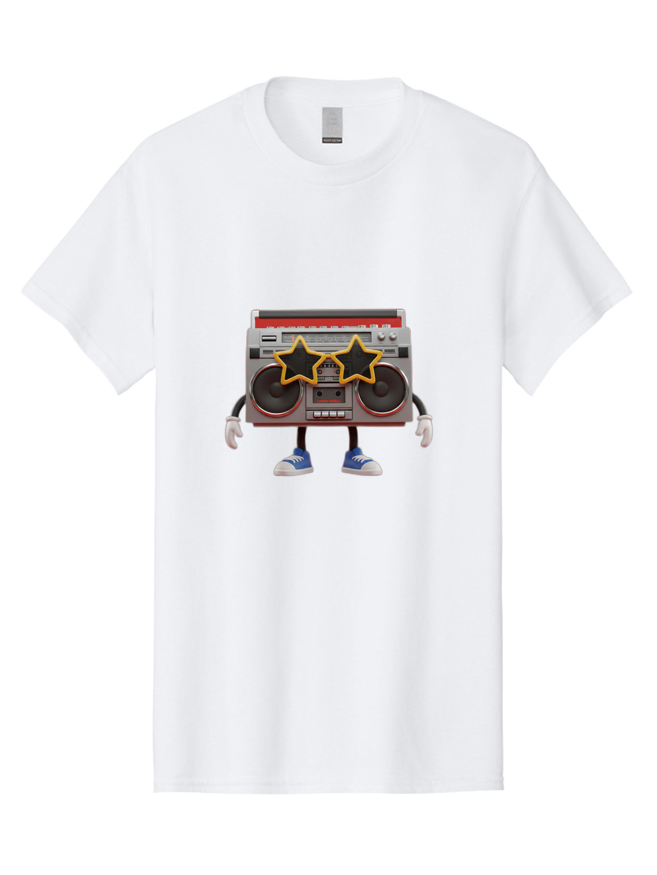 Boombox-Character Men'S Graphic Tee, 100% Cotton, Comfortable Casual Summer Wear, Machine Washable, Cartoon Boombox, Anthropomorphic Design, Retro Music Player, Black Stars, Blue Sneakers, White Gloves, Nostalgic Vibe, Funky Character, Baa191