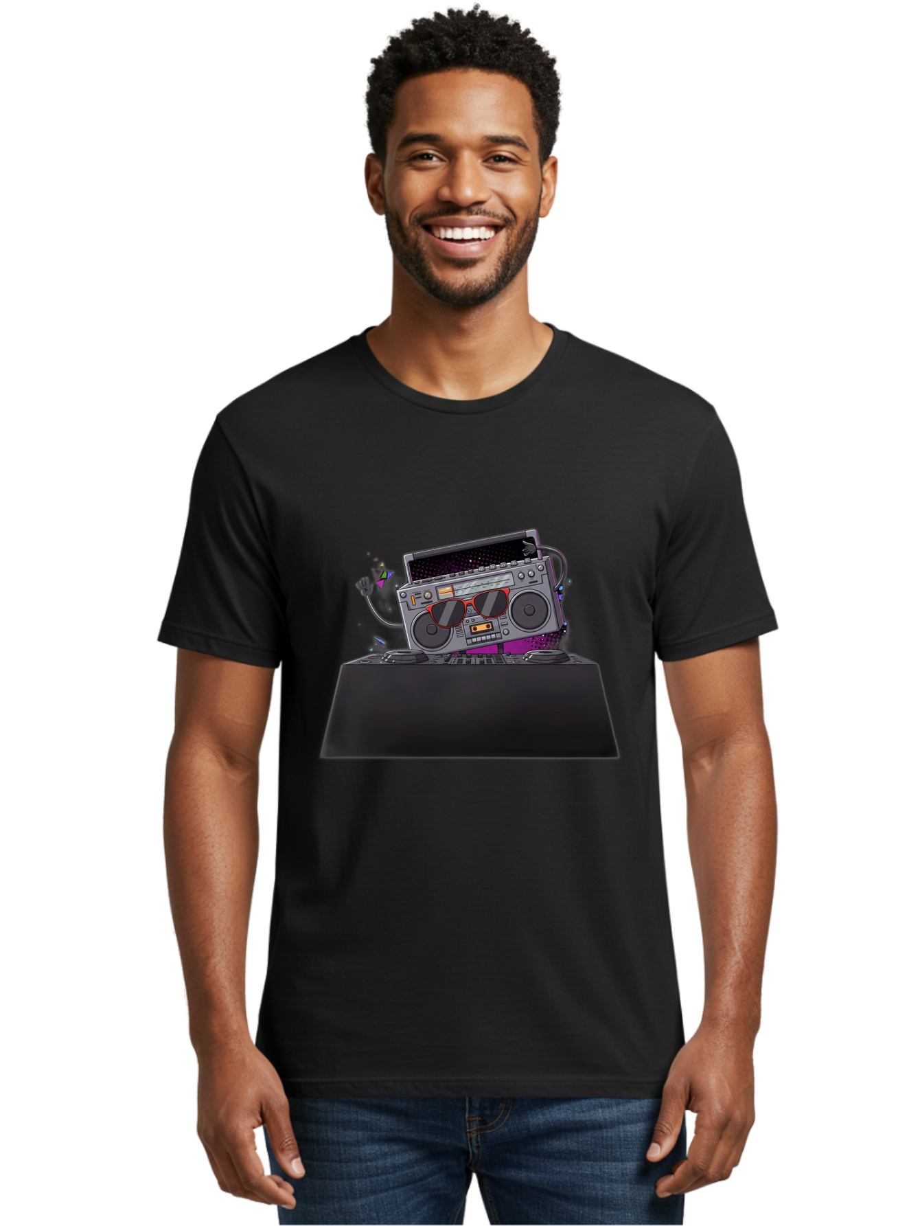 Boombox-Dj-Setup Men'S Graphic Tee, 100% Cotton, Comfortable Casual Summer Wear, Machine Washable, Retro Boombox, Dj Equipment, Music Setup, Vinyl Records, Turntables, Earbuds, Nostalgic Vibes, Electronic Music, Disco Era, Cassette Player Baa192