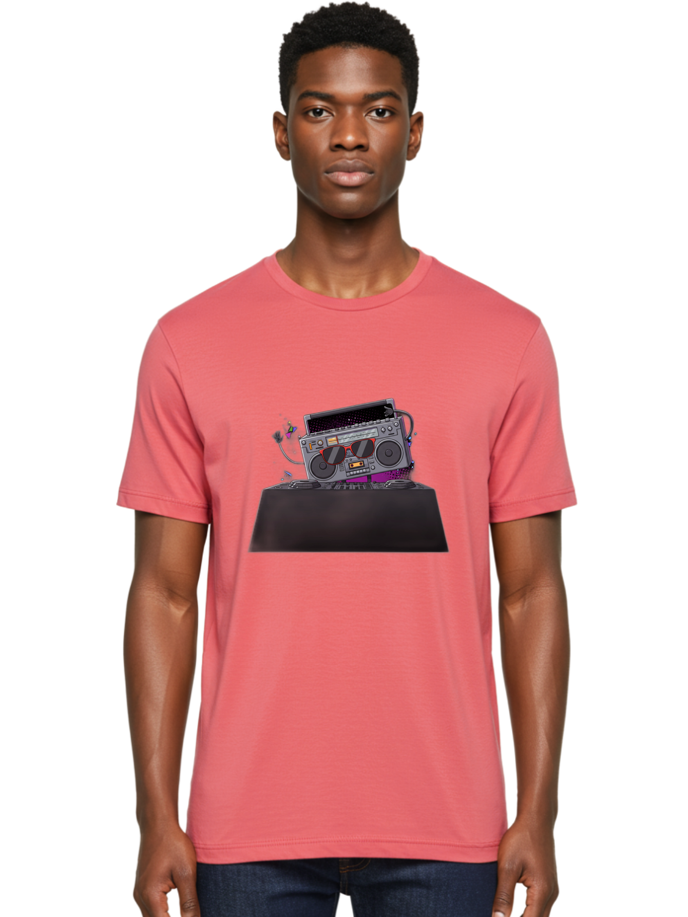 Boombox-Dj-Setup Men'S Graphic Tee, 100% Cotton, Comfortable Casual Summer Wear, Machine Washable, Retro Boombox, Dj Equipment, Music Setup, Vinyl Records, Turntables, Earbuds, Nostalgic Vibes, Electronic Music, Disco Era, Cassette Player Baa192