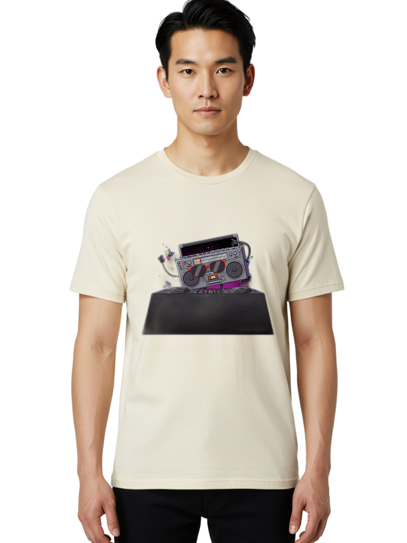 Boombox-Dj-Setup Men'S Graphic Tee, 100% Cotton, Comfortable Casual Summer Wear, Machine Washable, Retro Boombox, Dj Equipment, Music Setup, Vinyl Records, Turntables, Earbuds, Nostalgic Vibes, Electronic Music, Disco Era, Cassette Player Baa192