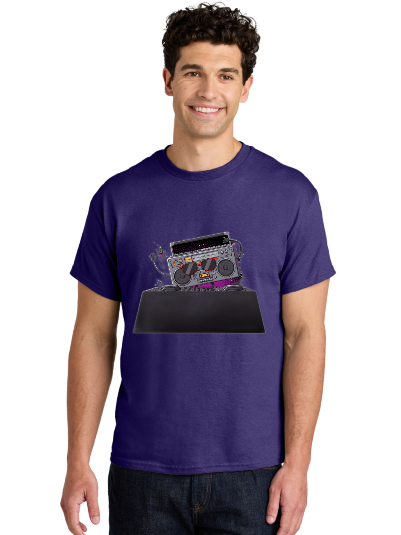 Boombox-Dj-Setup Men'S Graphic Tee, 100% Cotton, Comfortable Casual Summer Wear, Machine Washable, Retro Boombox, Dj Equipment, Music Setup, Vinyl Records, Turntables, Earbuds, Nostalgic Vibes, Electronic Music, Disco Era, Cassette Player Baa192