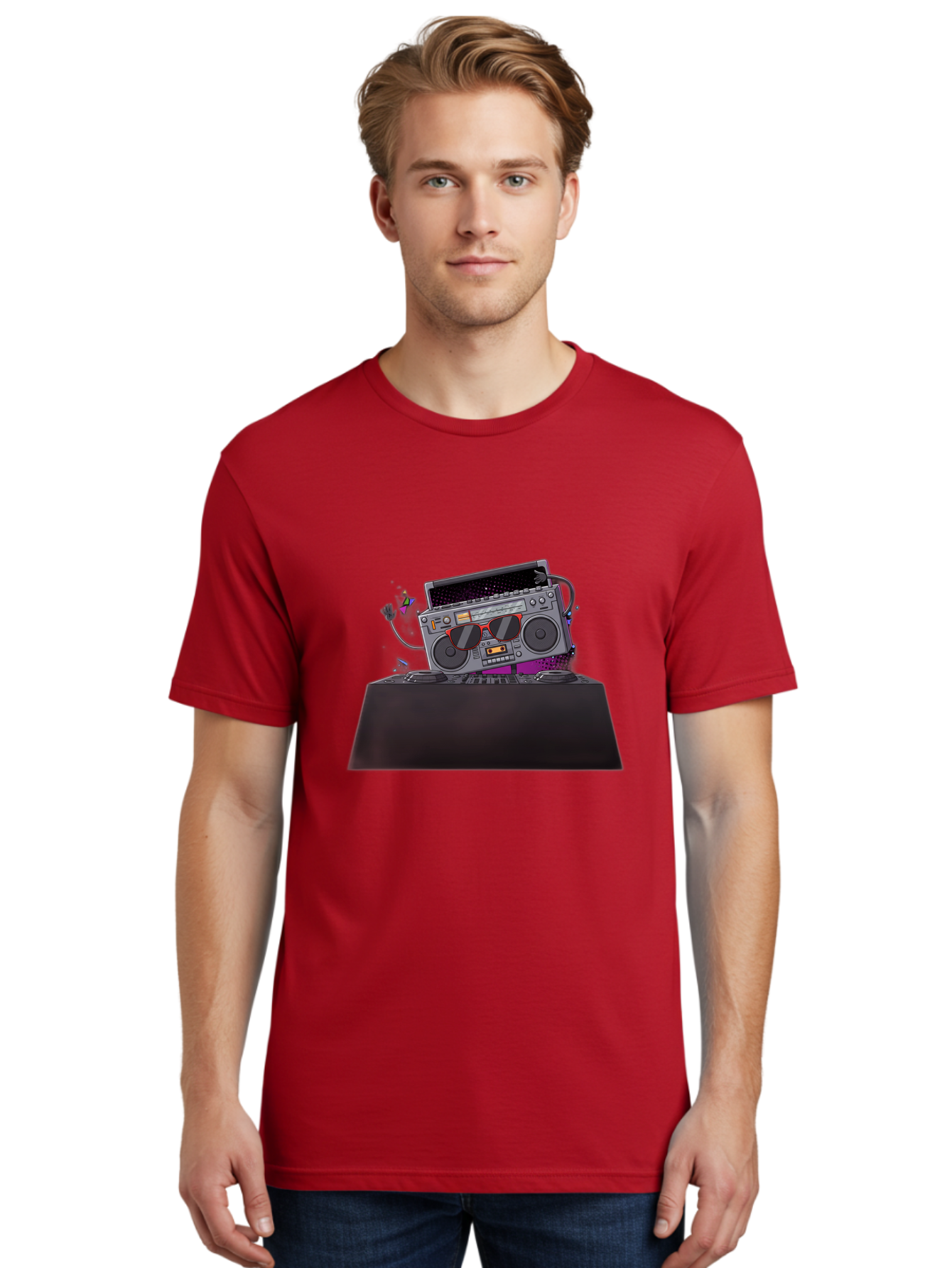 Boombox-Dj-Setup Men'S Graphic Tee, 100% Cotton, Comfortable Casual Summer Wear, Machine Washable, Retro Boombox, Dj Equipment, Music Setup, Vinyl Records, Turntables, Earbuds, Nostalgic Vibes, Electronic Music, Disco Era, Cassette Player Baa192