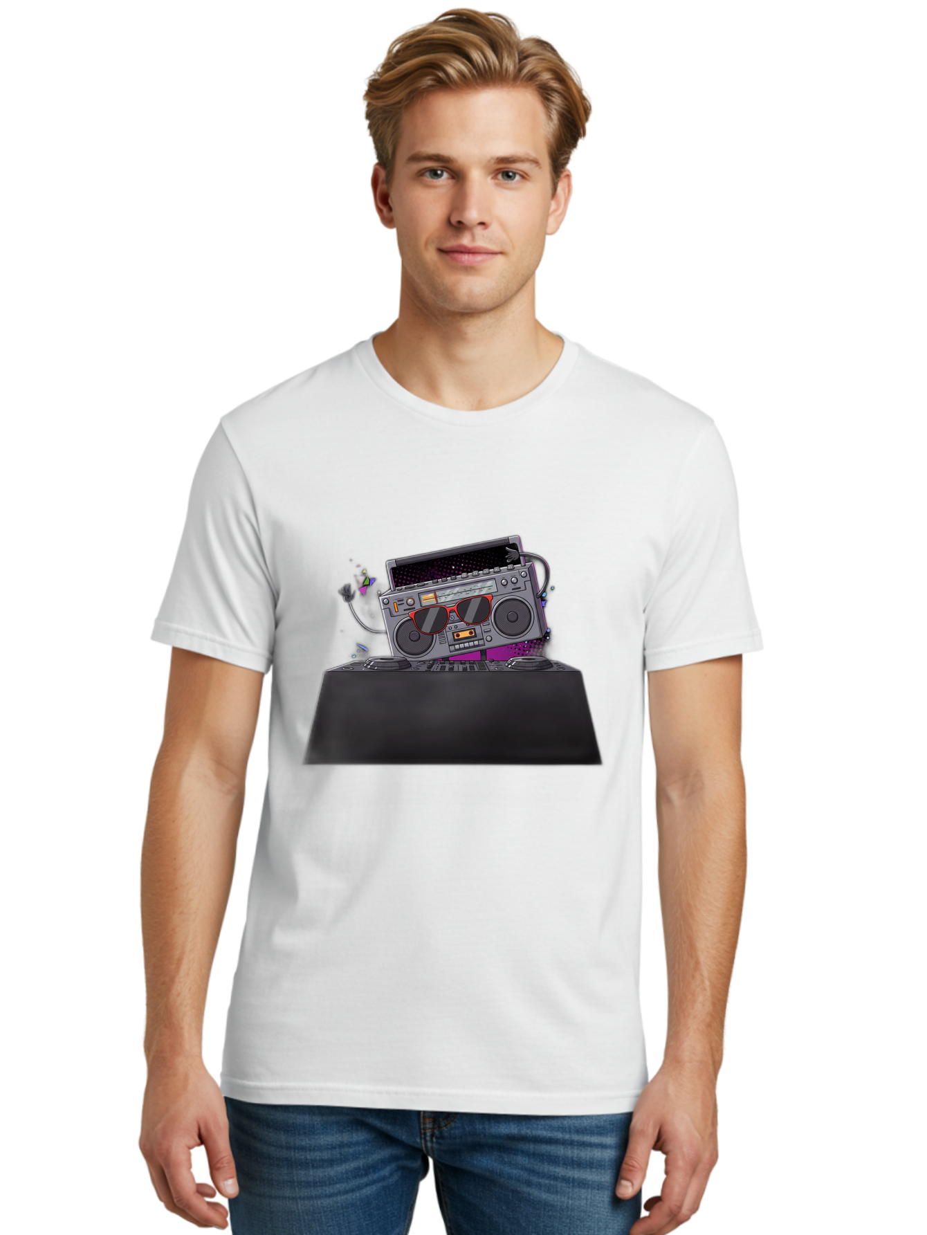 Boombox-Dj-Setup Men'S Graphic Tee, 100% Cotton, Comfortable Casual Summer Wear, Machine Washable, Retro Boombox, Dj Equipment, Music Setup, Vinyl Records, Turntables, Earbuds, Nostalgic Vibes, Electronic Music, Disco Era, Cassette Player Baa192