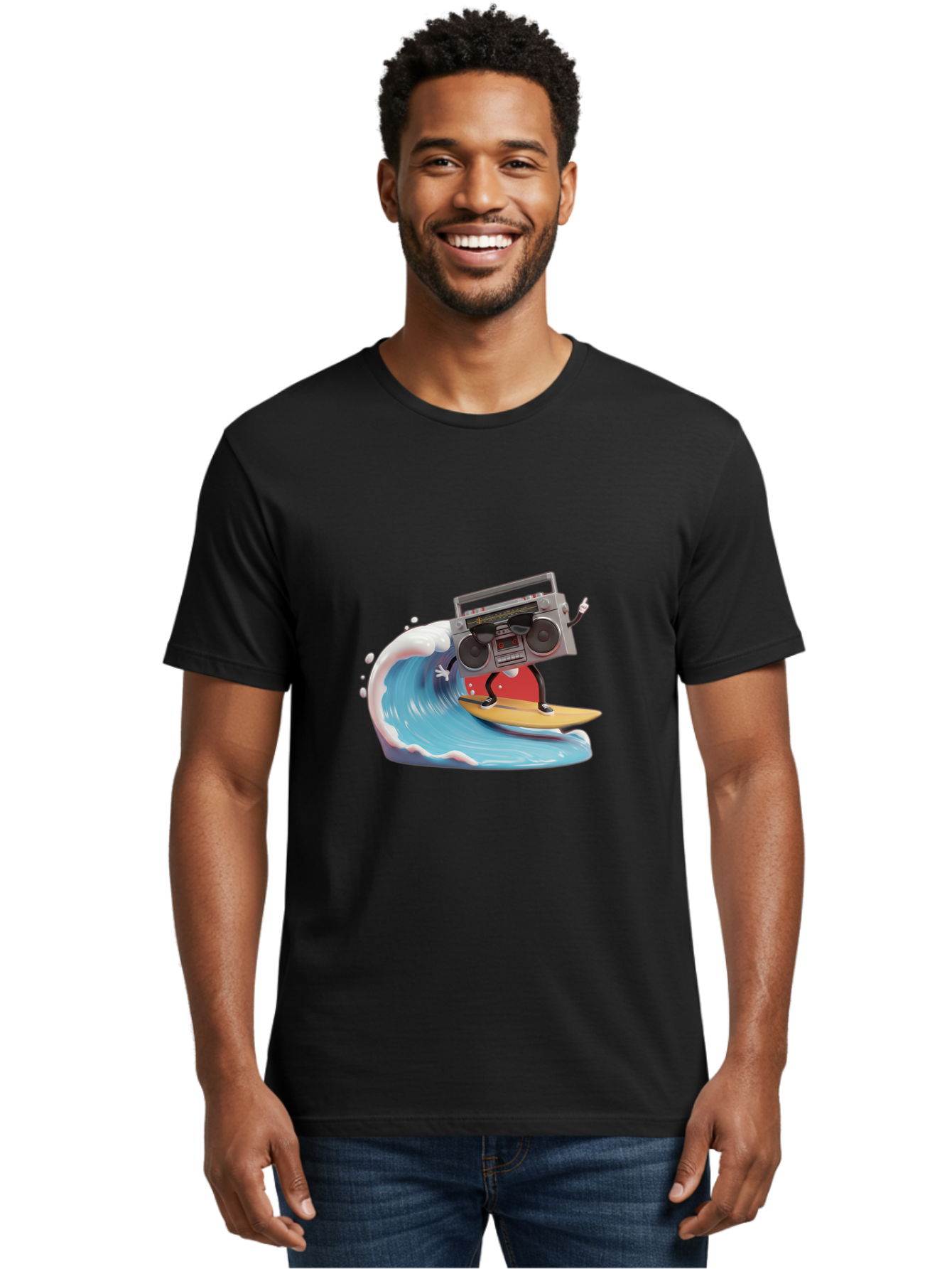 Boombox-Surfing-Wave Men'S Graphic Tee, 100% Cotton, Comfortable Casual Summer Wear, Machine Washable, Boomer Boombox Surfing, Retro Boombox, Surfing Wave, Beach Vibes, Retro Radio, Fun Summer Activity, Cool Surfboard, Radical Wave, Baa194