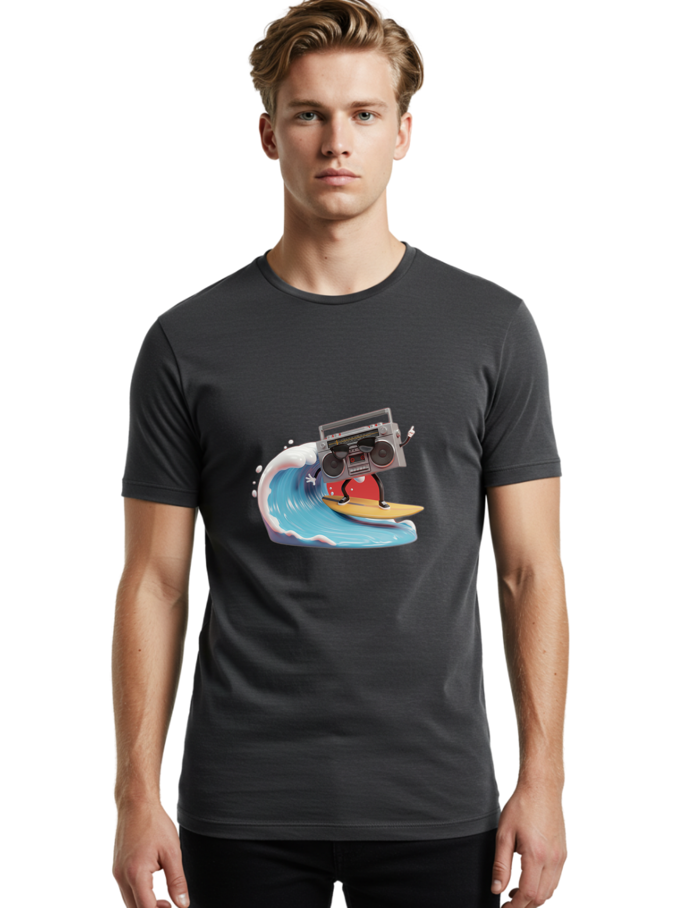 Boombox-Surfing-Wave Men'S Graphic Tee, 100% Cotton, Comfortable Casual Summer Wear, Machine Washable, Boomer Boombox Surfing, Retro Boombox, Surfing Wave, Beach Vibes, Retro Radio, Fun Summer Activity, Cool Surfboard, Radical Wave, Baa194