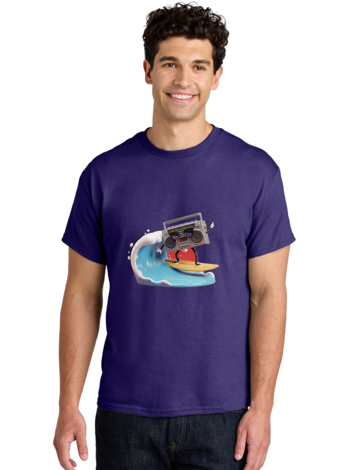 Boombox-Surfing-Wave Men'S Graphic Tee, 100% Cotton, Comfortable Casual Summer Wear, Machine Washable, Boomer Boombox Surfing, Retro Boombox, Surfing Wave, Beach Vibes, Retro Radio, Fun Summer Activity, Cool Surfboard, Radical Wave, Baa194