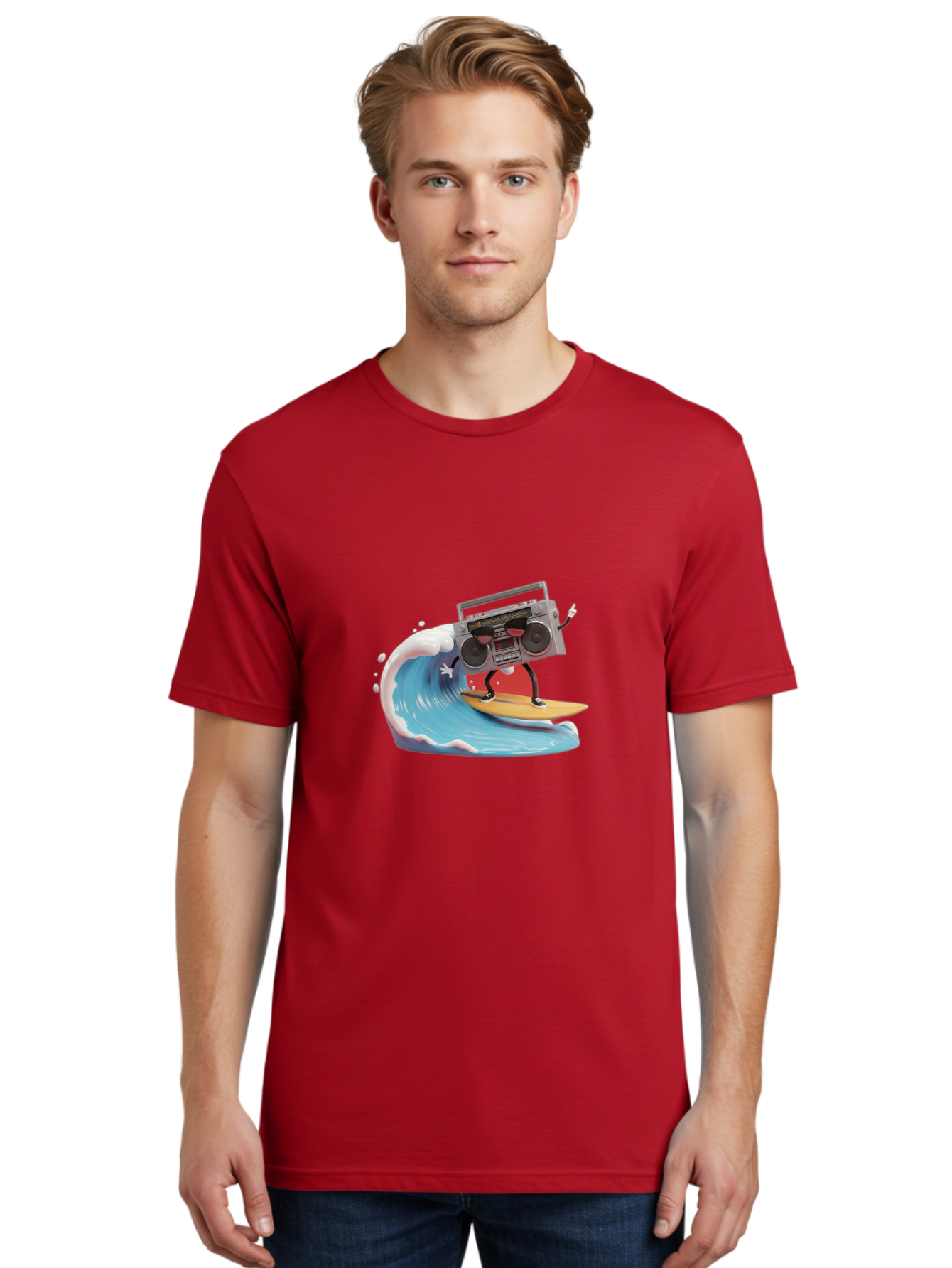 Boombox-Surfing-Wave Men'S Graphic Tee, 100% Cotton, Comfortable Casual Summer Wear, Machine Washable, Boomer Boombox Surfing, Retro Boombox, Surfing Wave, Beach Vibes, Retro Radio, Fun Summer Activity, Cool Surfboard, Radical Wave, Baa194