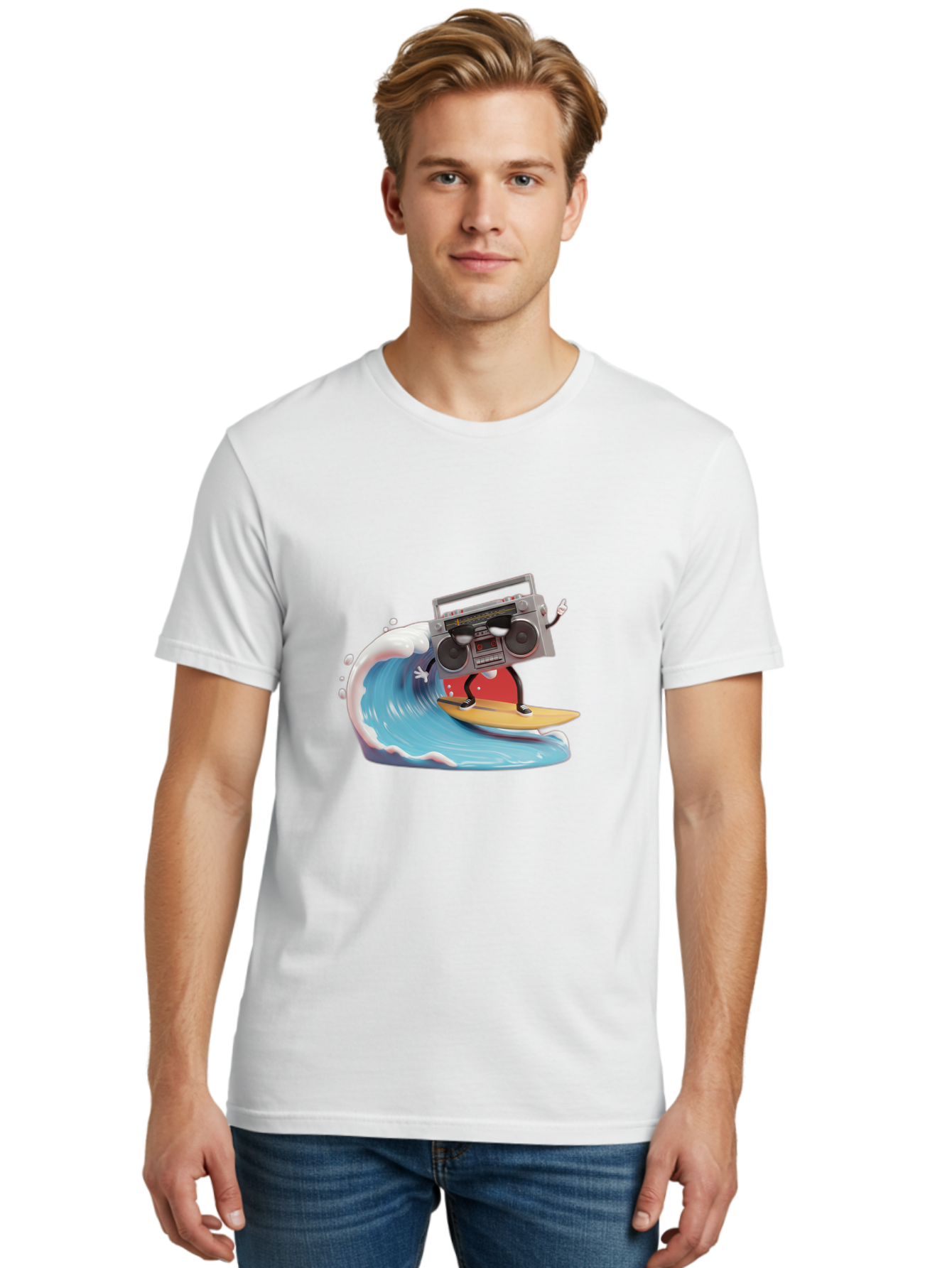Boombox-Surfing-Wave Men'S Graphic Tee, 100% Cotton, Comfortable Casual Summer Wear, Machine Washable, Boomer Boombox Surfing, Retro Boombox, Surfing Wave, Beach Vibes, Retro Radio, Fun Summer Activity, Cool Surfboard, Radical Wave, Baa194