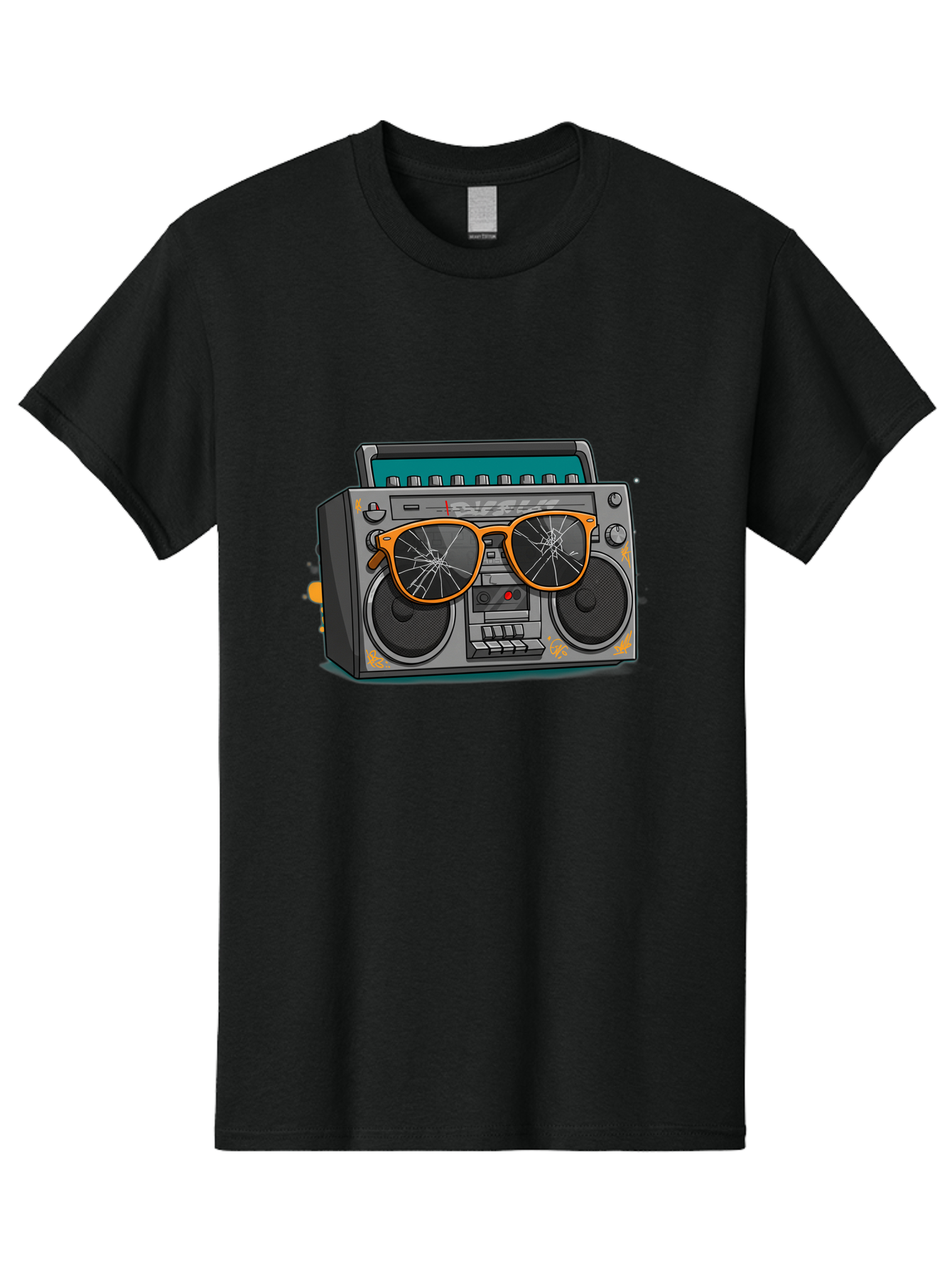 Boombox-With-Broken-Shades Men'S Graphic Tee, 100% Cotton, Comfortable Casual Summer Wear, Machine Washable, Vintage Boombox, Retro Style, Broken Sunglasses, Hip Hop Culture, Cassette Player, Audio Equipment, Old School Music, Urban Fashion, Baa195