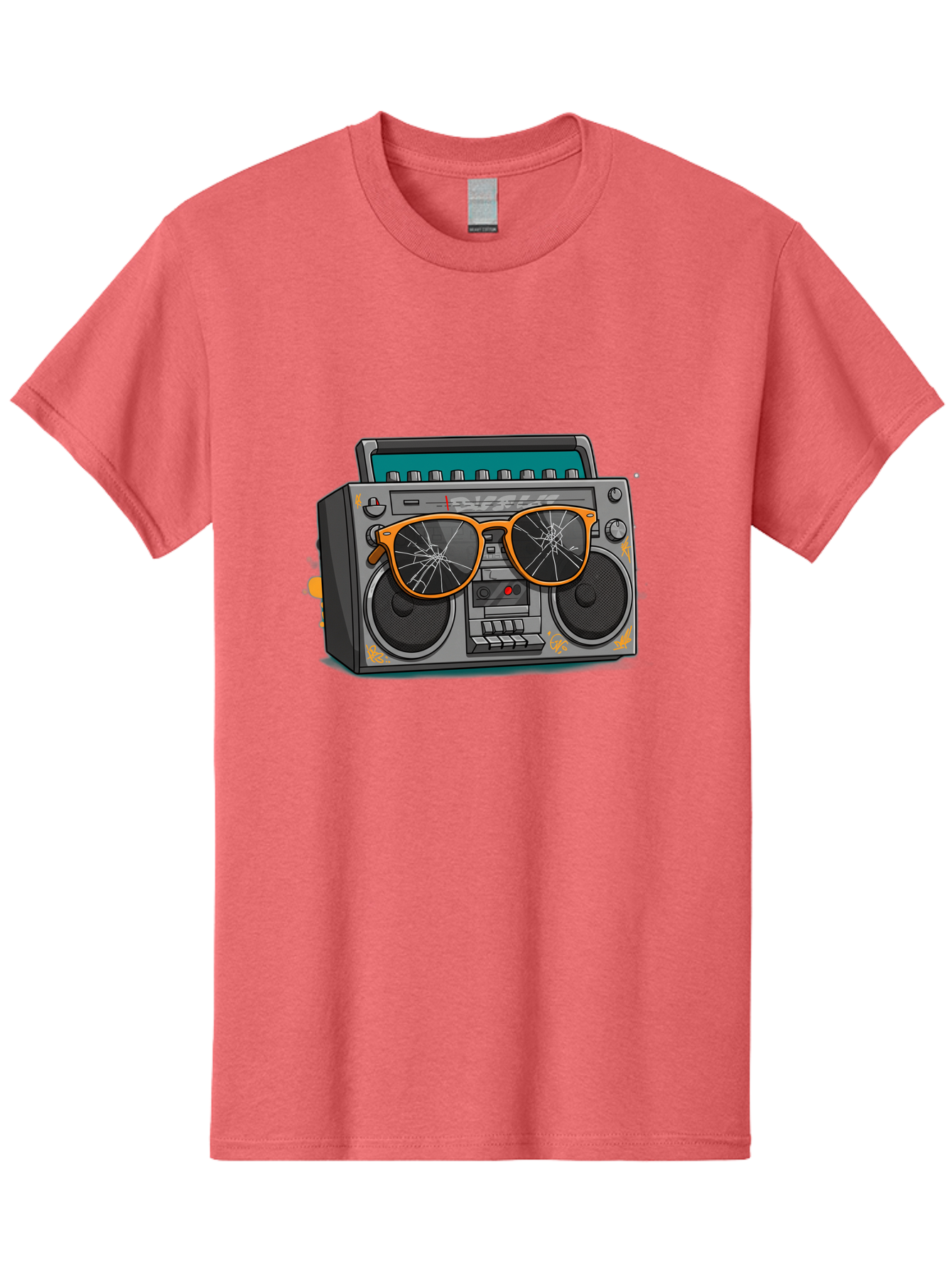 Boombox-With-Broken-Shades Men'S Graphic Tee, 100% Cotton, Comfortable Casual Summer Wear, Machine Washable, Vintage Boombox, Retro Style, Broken Sunglasses, Hip Hop Culture, Cassette Player, Audio Equipment, Old School Music, Urban Fashion, Baa195