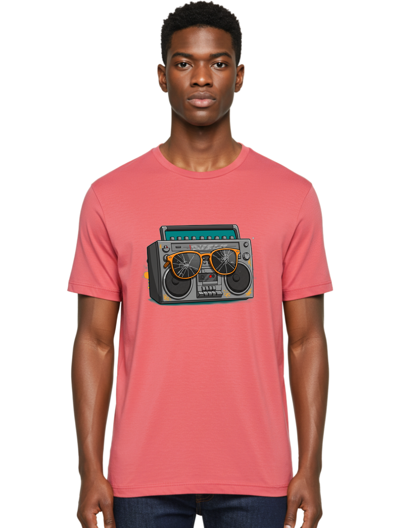 Boombox-With-Broken-Shades Men'S Graphic Tee, 100% Cotton, Comfortable Casual Summer Wear, Machine Washable, Vintage Boombox, Retro Style, Broken Sunglasses, Hip Hop Culture, Cassette Player, Audio Equipment, Old School Music, Urban Fashion, Baa195