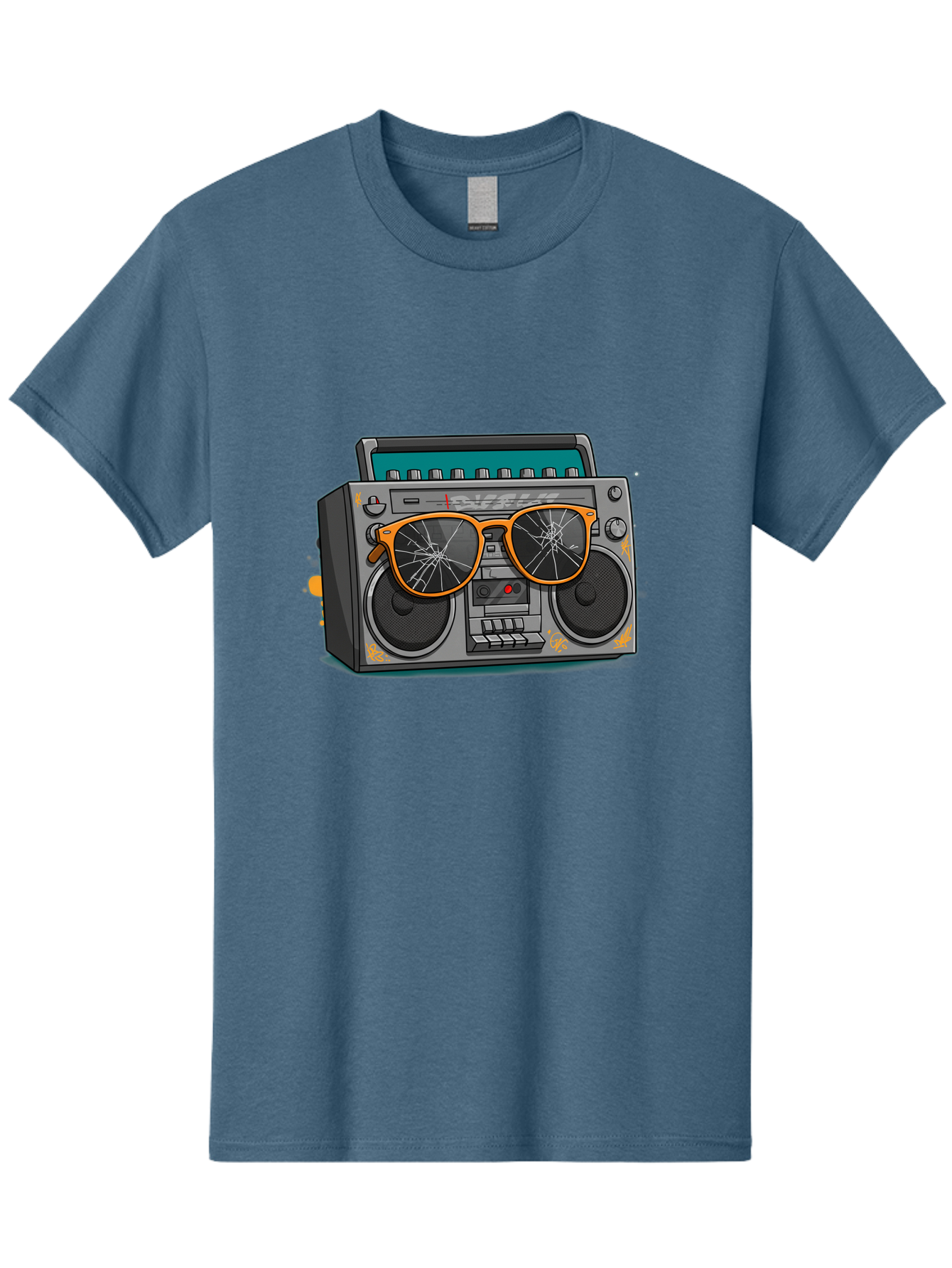 Boombox-With-Broken-Shades Men'S Graphic Tee, 100% Cotton, Comfortable Casual Summer Wear, Machine Washable, Vintage Boombox, Retro Style, Broken Sunglasses, Hip Hop Culture, Cassette Player, Audio Equipment, Old School Music, Urban Fashion, Baa195