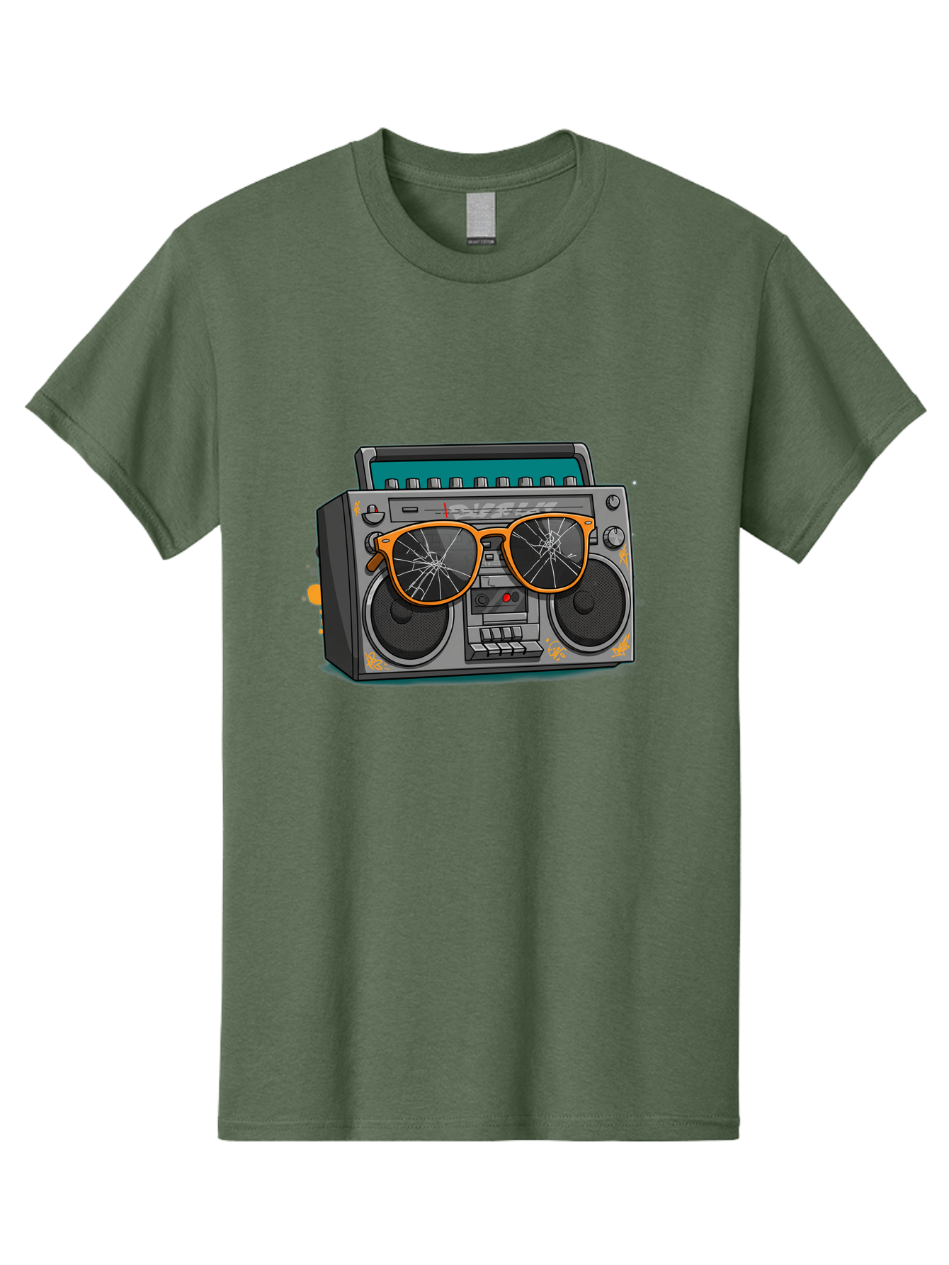 Boombox-With-Broken-Shades Men'S Graphic Tee, 100% Cotton, Comfortable Casual Summer Wear, Machine Washable, Vintage Boombox, Retro Style, Broken Sunglasses, Hip Hop Culture, Cassette Player, Audio Equipment, Old School Music, Urban Fashion, Baa195