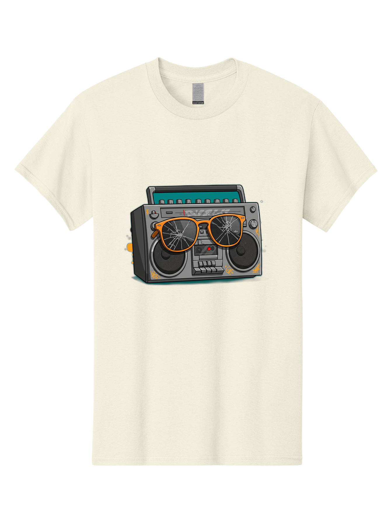 Boombox-With-Broken-Shades Men'S Graphic Tee, 100% Cotton, Comfortable Casual Summer Wear, Machine Washable, Vintage Boombox, Retro Style, Broken Sunglasses, Hip Hop Culture, Cassette Player, Audio Equipment, Old School Music, Urban Fashion, Baa195