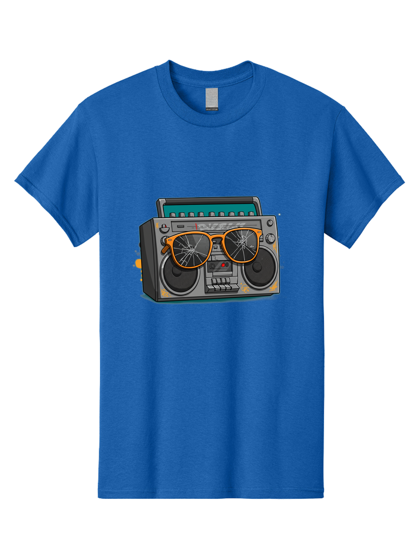 Boombox-With-Broken-Shades Men'S Graphic Tee, 100% Cotton, Comfortable Casual Summer Wear, Machine Washable, Vintage Boombox, Retro Style, Broken Sunglasses, Hip Hop Culture, Cassette Player, Audio Equipment, Old School Music, Urban Fashion, Baa195