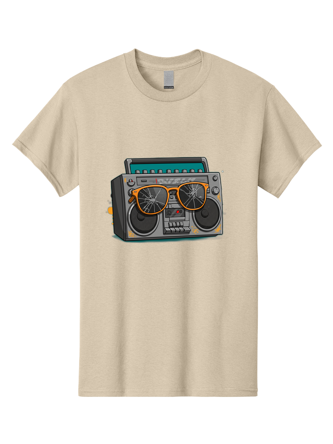 Boombox-With-Broken-Shades Men'S Graphic Tee, 100% Cotton, Comfortable Casual Summer Wear, Machine Washable, Vintage Boombox, Retro Style, Broken Sunglasses, Hip Hop Culture, Cassette Player, Audio Equipment, Old School Music, Urban Fashion, Baa195