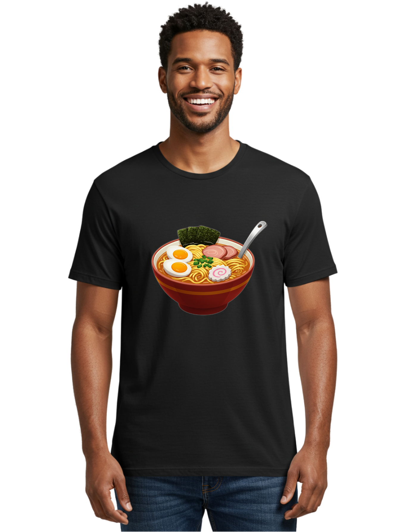 Bowl-Of-Ramen-1 Men'S Graphic Tee, 100% Cotton, Comfortable Casual Summer Wear, Machine Washable, Ramen Noodles, Japanese Cuisine, Savory Broth, Boiled Egg, Green Onions, Seaweed, Sliced Pork, Fish Cake, Silver Spoon Baa197
