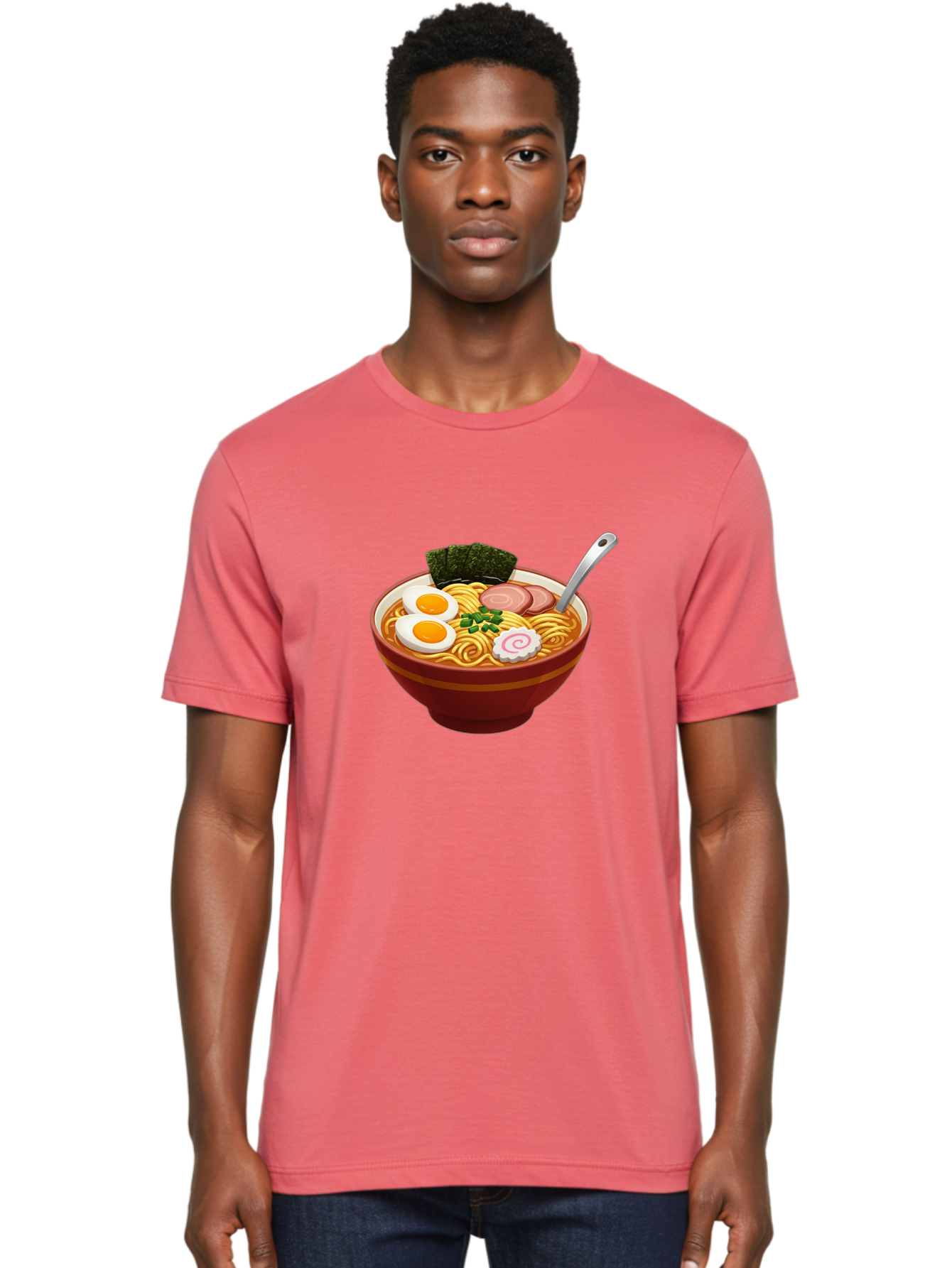 Bowl-Of-Ramen-1 Men'S Graphic Tee, 100% Cotton, Comfortable Casual Summer Wear, Machine Washable, Ramen Noodles, Japanese Cuisine, Savory Broth, Boiled Egg, Green Onions, Seaweed, Sliced Pork, Fish Cake, Silver Spoon Baa197
