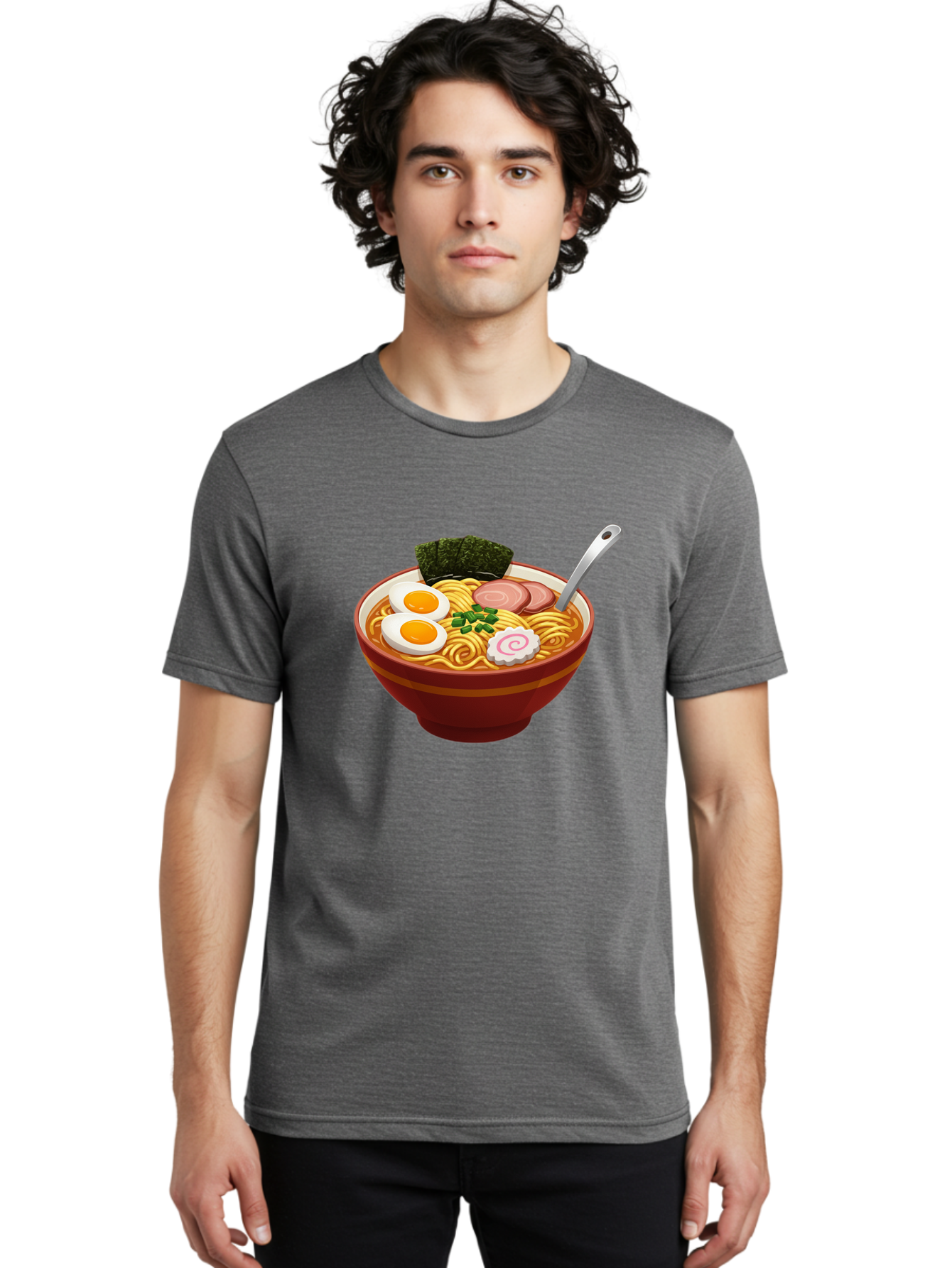 Bowl-Of-Ramen-1 Men'S Graphic Tee, 100% Cotton, Comfortable Casual Summer Wear, Machine Washable, Ramen Noodles, Japanese Cuisine, Savory Broth, Boiled Egg, Green Onions, Seaweed, Sliced Pork, Fish Cake, Silver Spoon Baa197