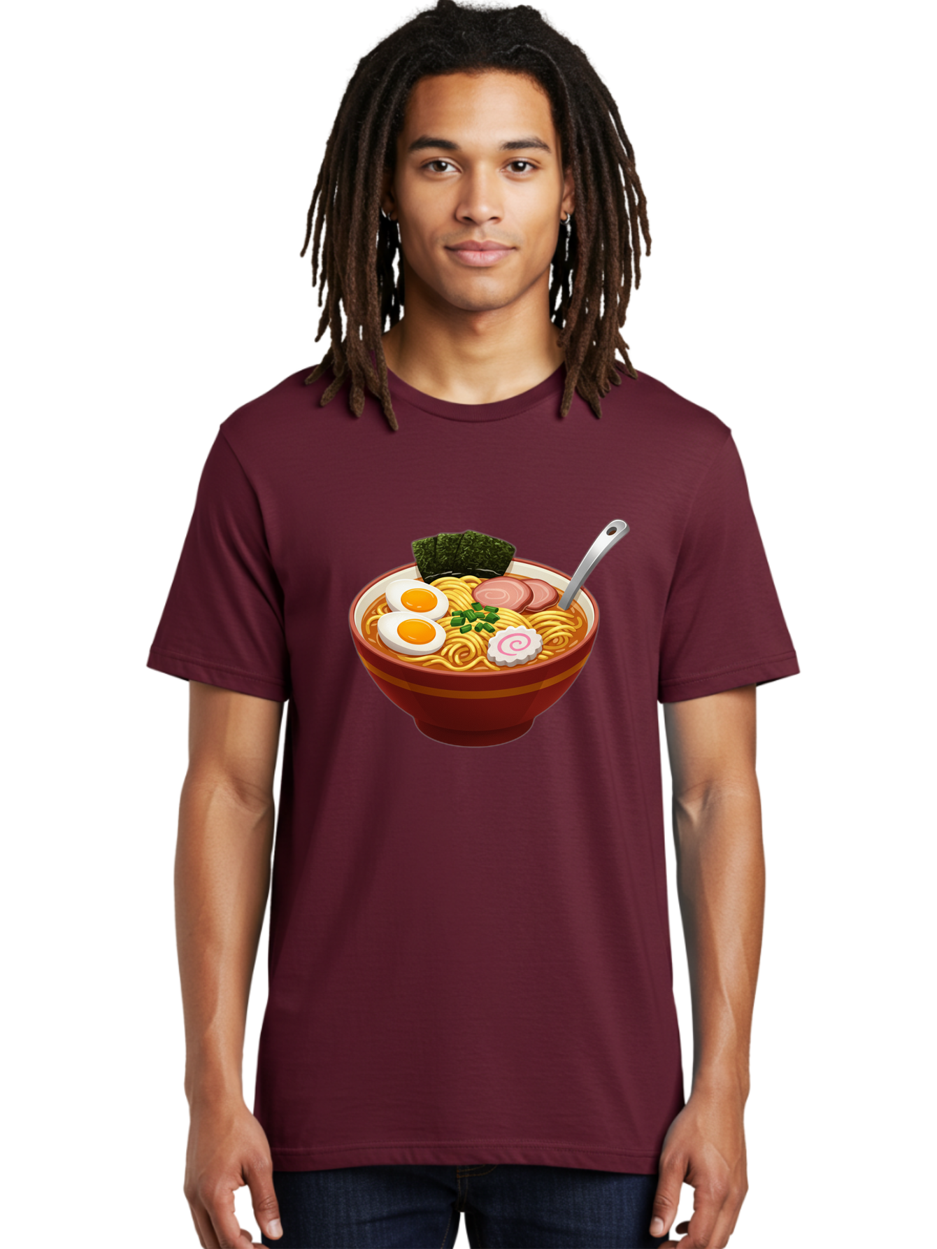 Bowl-Of-Ramen-1 Men'S Graphic Tee, 100% Cotton, Comfortable Casual Summer Wear, Machine Washable, Ramen Noodles, Japanese Cuisine, Savory Broth, Boiled Egg, Green Onions, Seaweed, Sliced Pork, Fish Cake, Silver Spoon Baa197