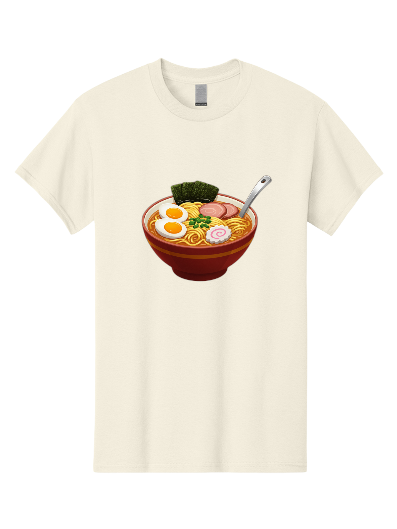 Bowl-Of-Ramen-1 Men'S Graphic Tee, 100% Cotton, Comfortable Casual Summer Wear, Machine Washable, Ramen Noodles, Japanese Cuisine, Savory Broth, Boiled Egg, Green Onions, Seaweed, Sliced Pork, Fish Cake, Silver Spoon Baa197