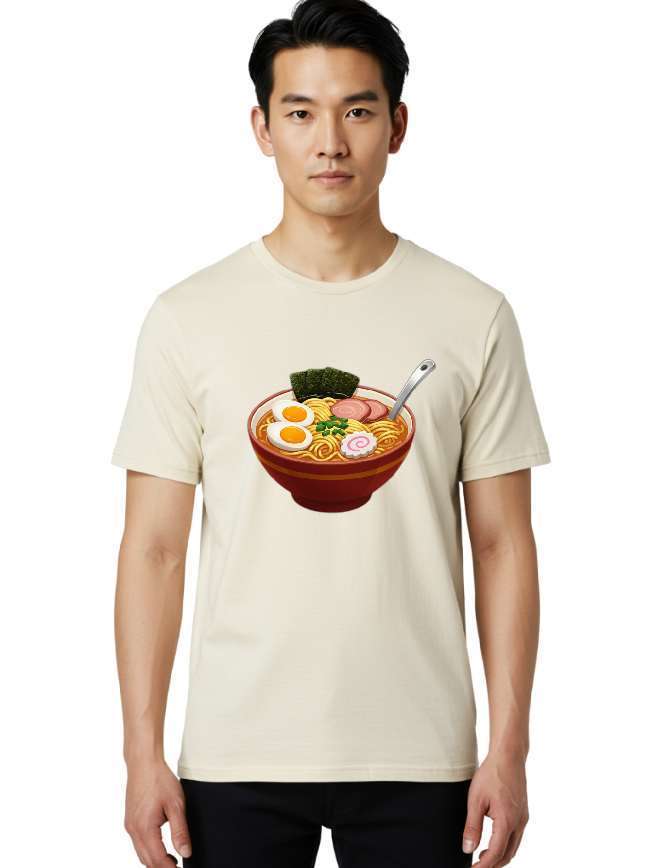 Bowl-Of-Ramen-1 Men'S Graphic Tee, 100% Cotton, Comfortable Casual Summer Wear, Machine Washable, Ramen Noodles, Japanese Cuisine, Savory Broth, Boiled Egg, Green Onions, Seaweed, Sliced Pork, Fish Cake, Silver Spoon Baa197