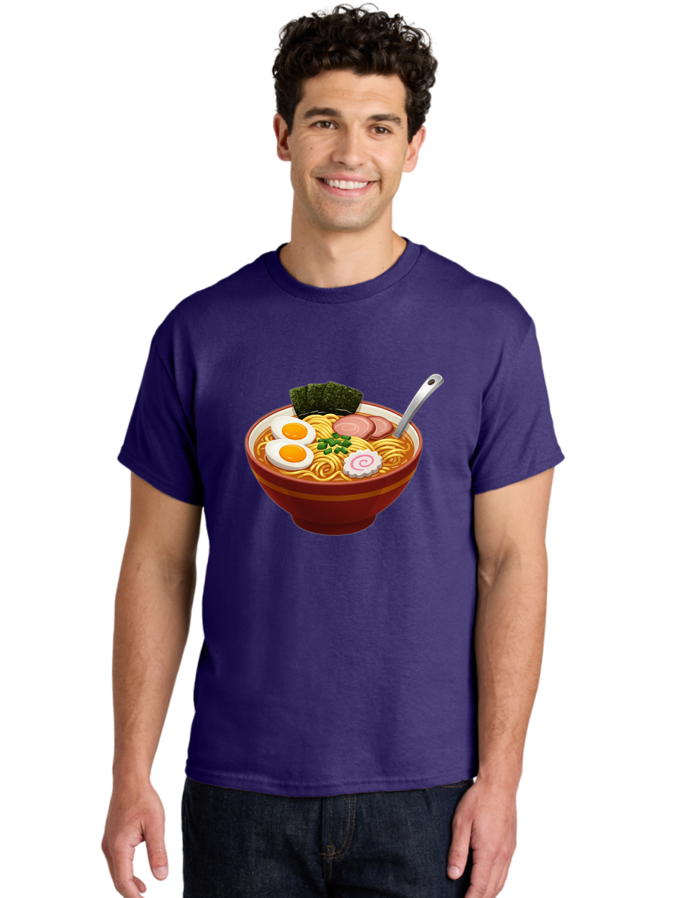 Bowl-Of-Ramen-1 Men'S Graphic Tee, 100% Cotton, Comfortable Casual Summer Wear, Machine Washable, Ramen Noodles, Japanese Cuisine, Savory Broth, Boiled Egg, Green Onions, Seaweed, Sliced Pork, Fish Cake, Silver Spoon Baa197
